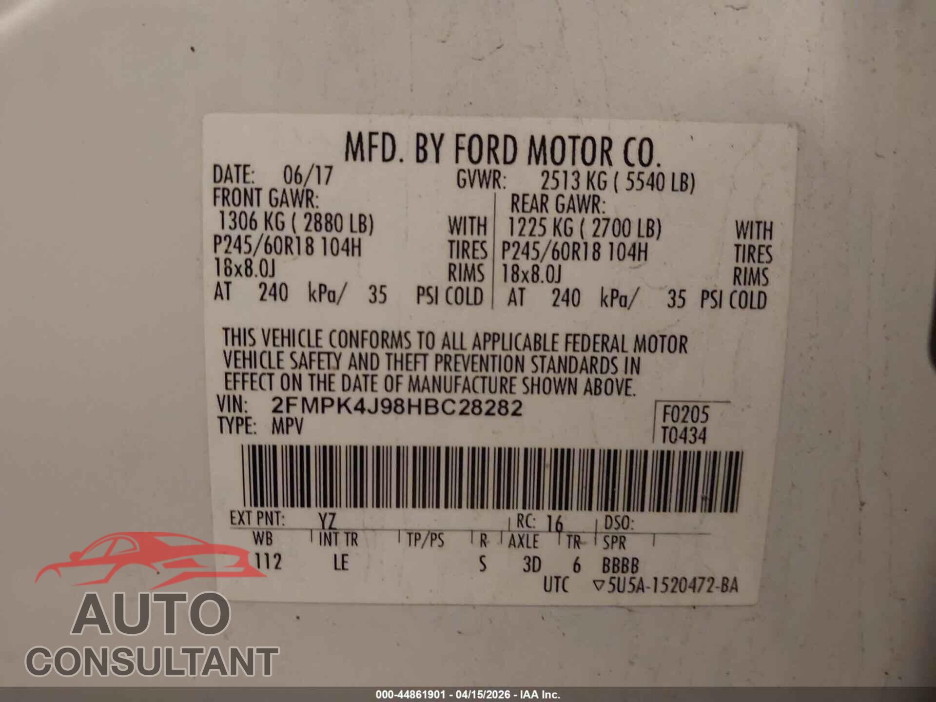 FORD EDGE 2017 - 2FMPK4J98HBC28282