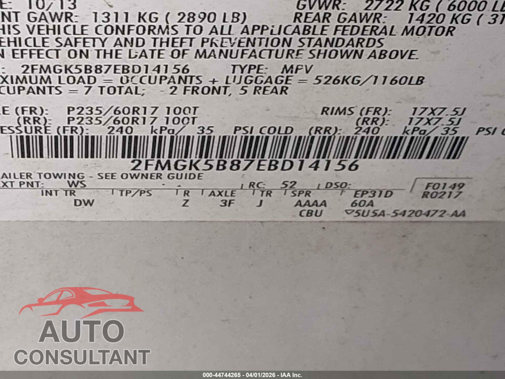 FORD FLEX 2014 - 2FMGK5B87EBD14156