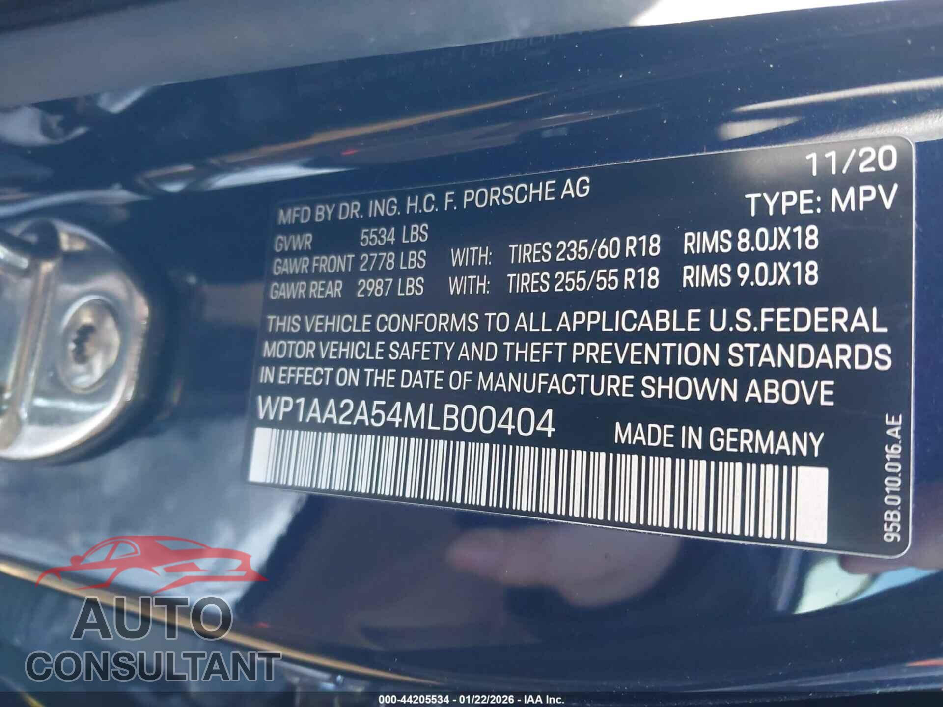 PORSCHE MACAN 2021 - WP1AA2A54MLB00404