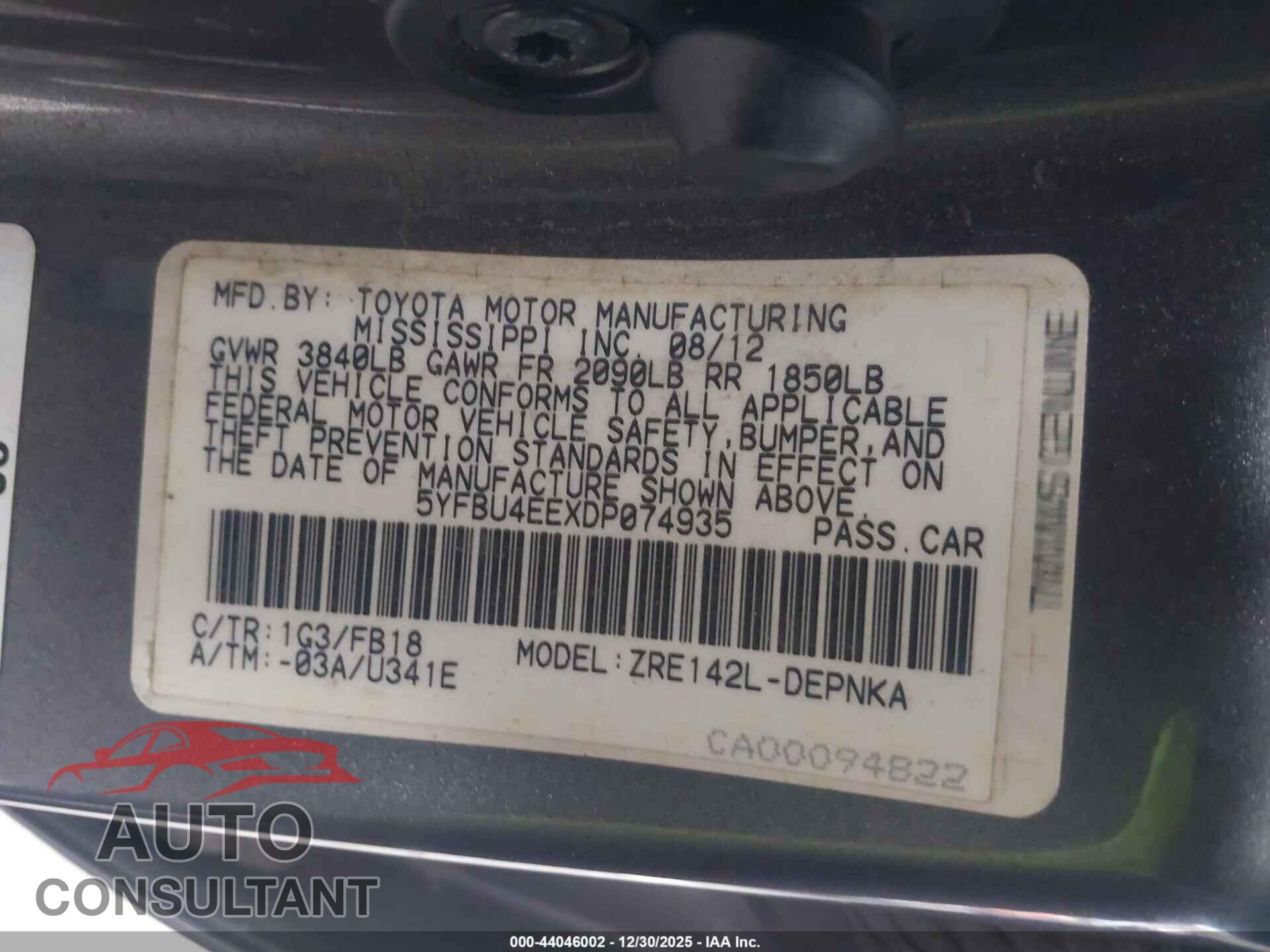 TOYOTA COROLLA 2013 - 5YFBU4EEXDP074935