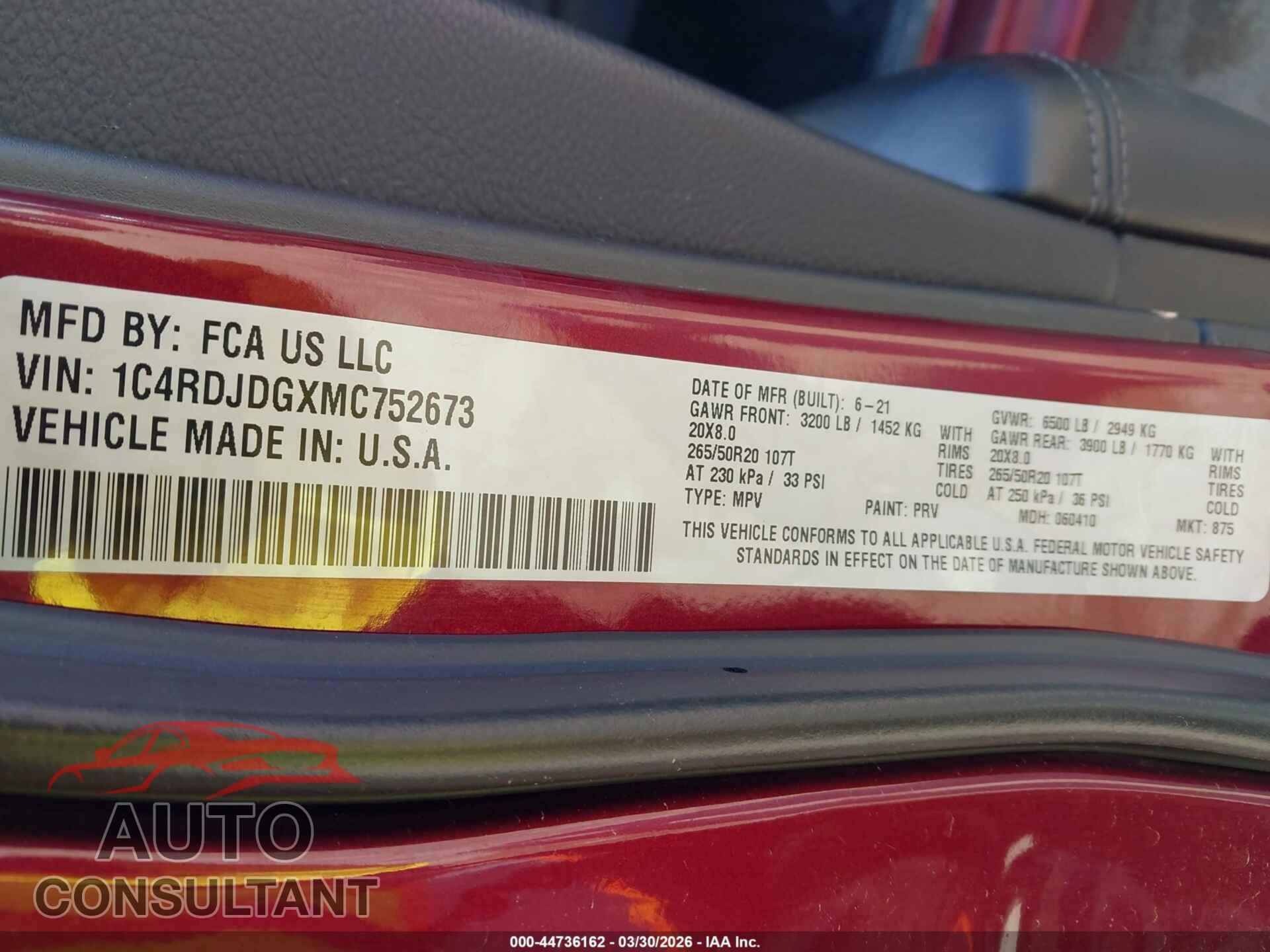 DODGE DURANGO 2021 - 1C4RDJDGXMC752673