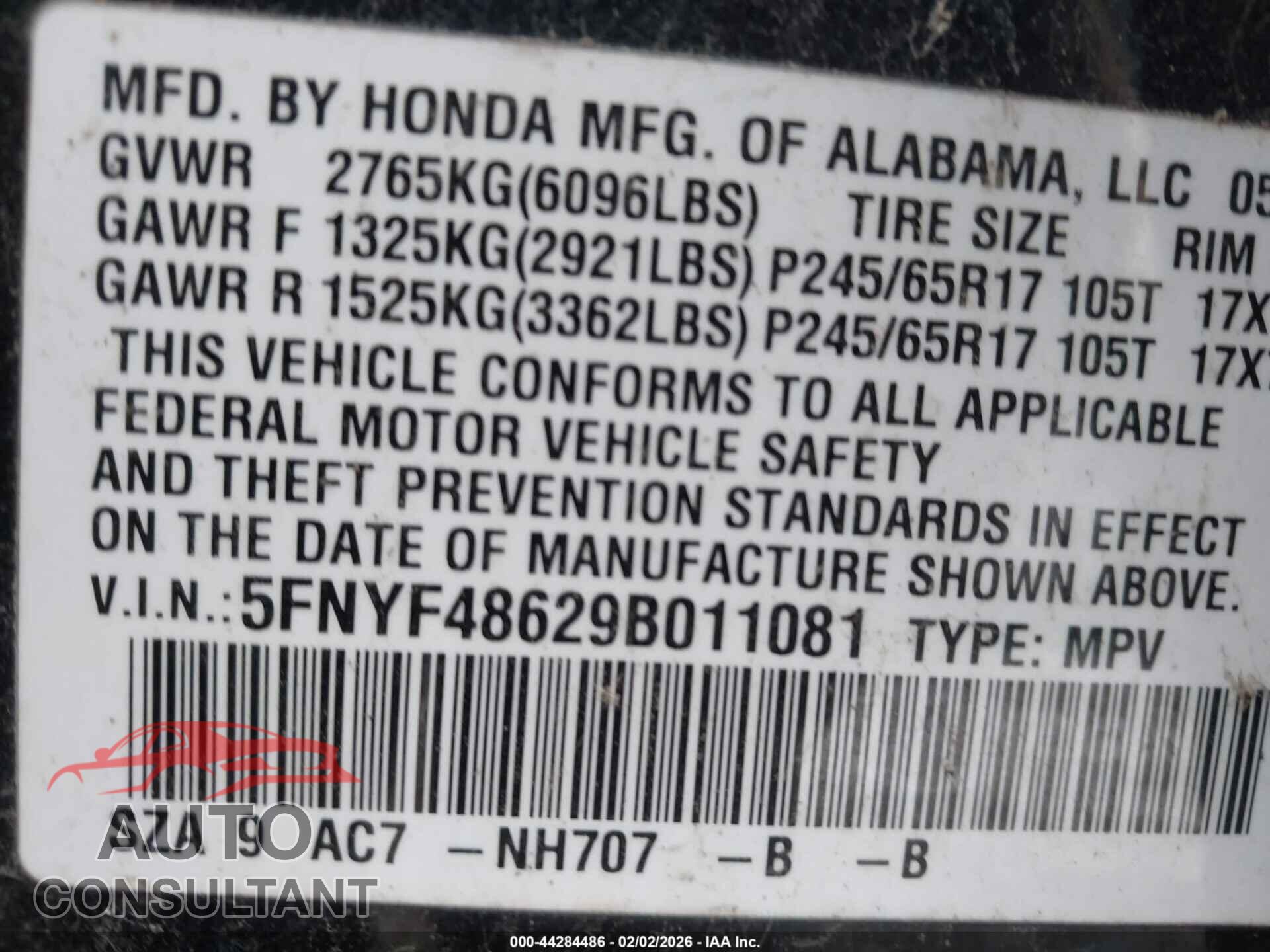 HONDA PILOT 2009 - 5FNYF48629B011081