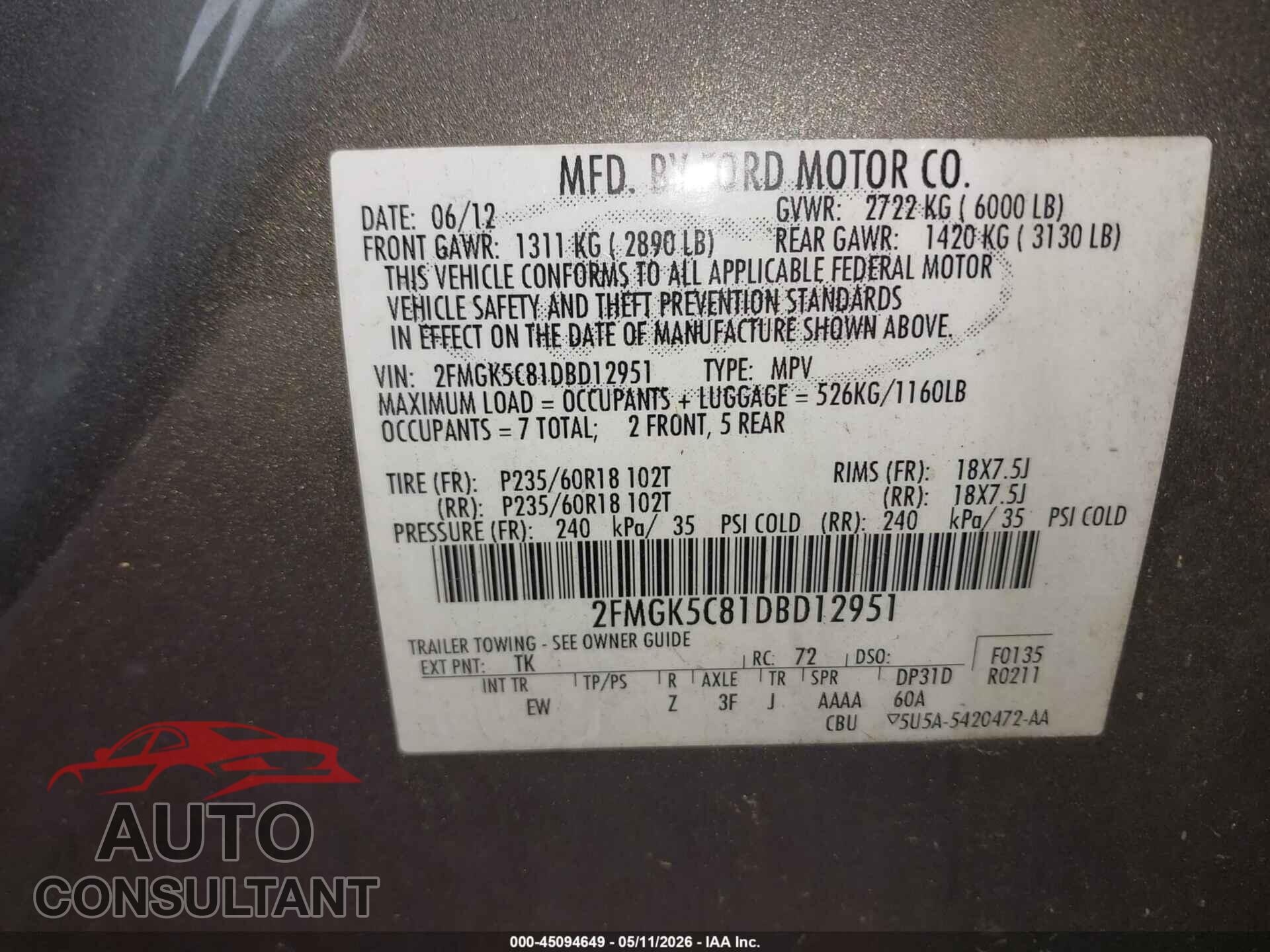 FORD FLEX 2013 - 2FMGK5C81DBD12951