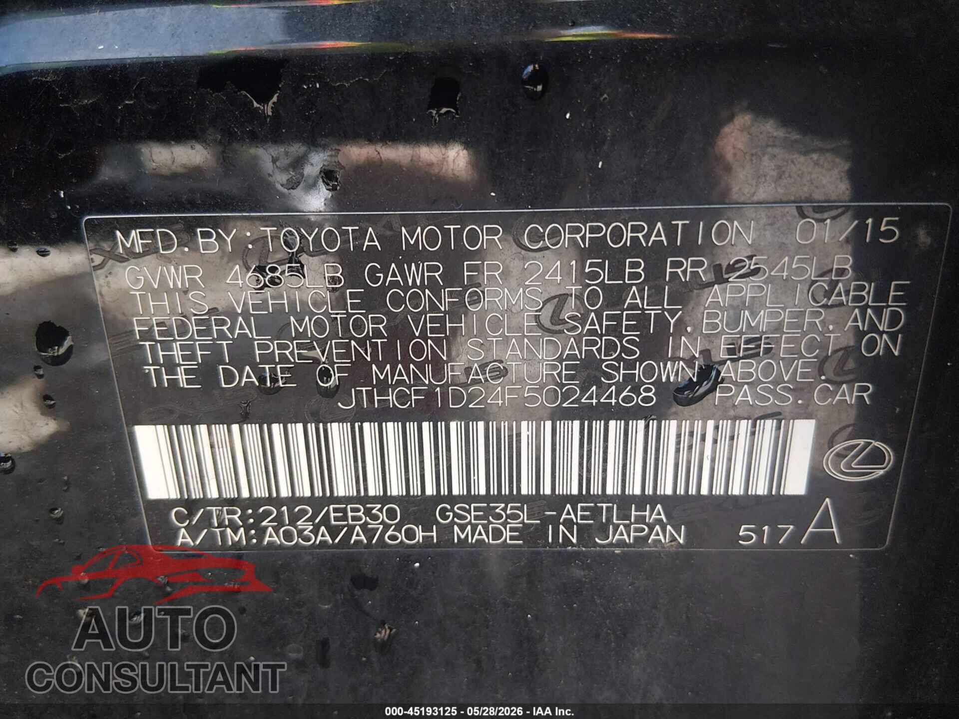 LEXUS IS 250 2015 - JTHCF1D24F5024468