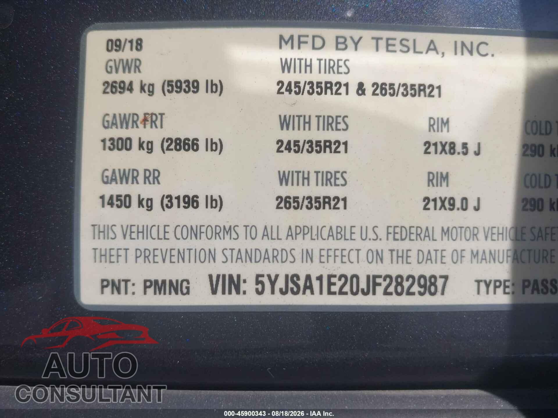 TESLA MODEL S 2018 - 5YJSA1E20JF282987