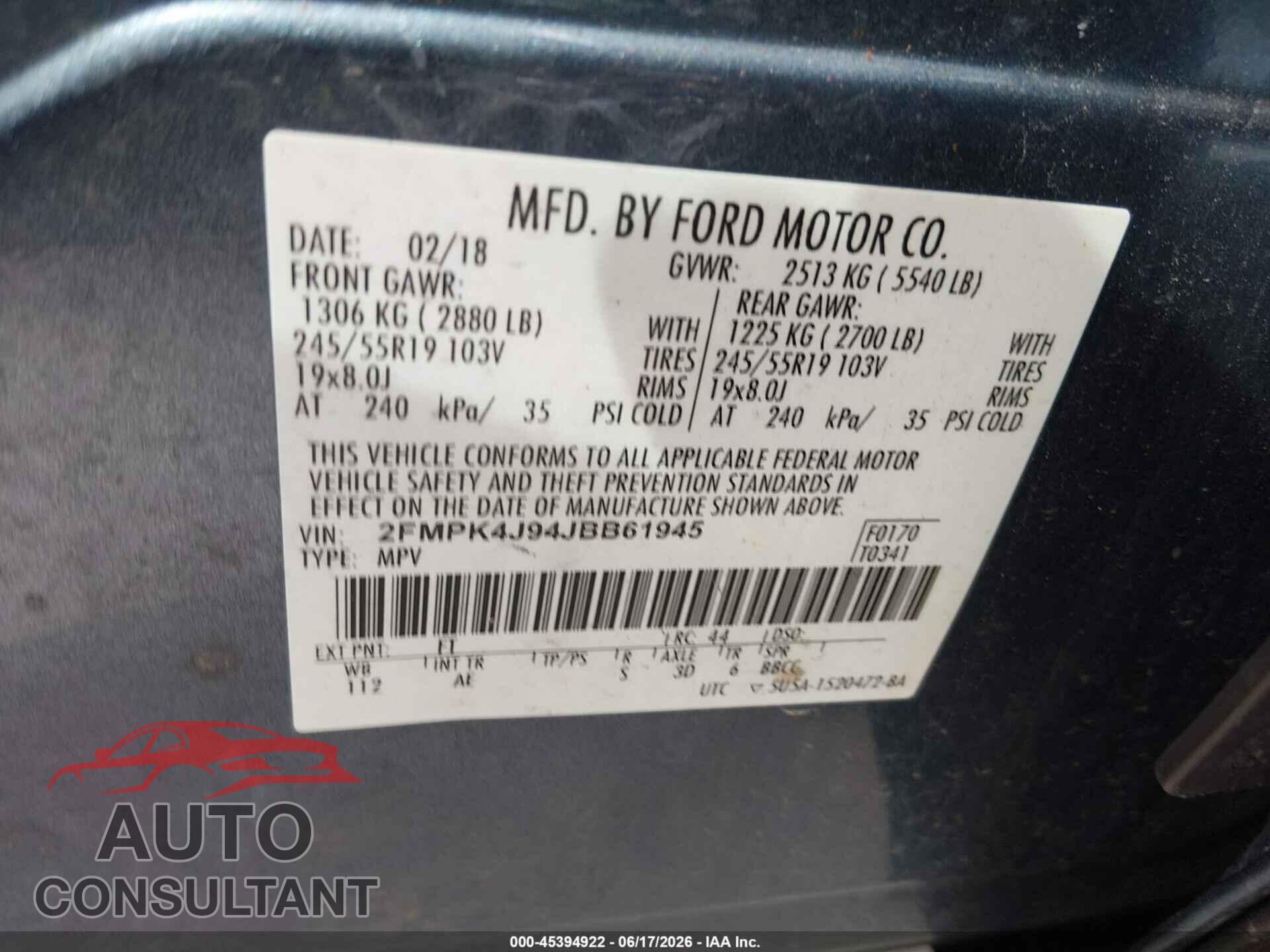 FORD EDGE 2018 - 2FMPK4J94JBB61945