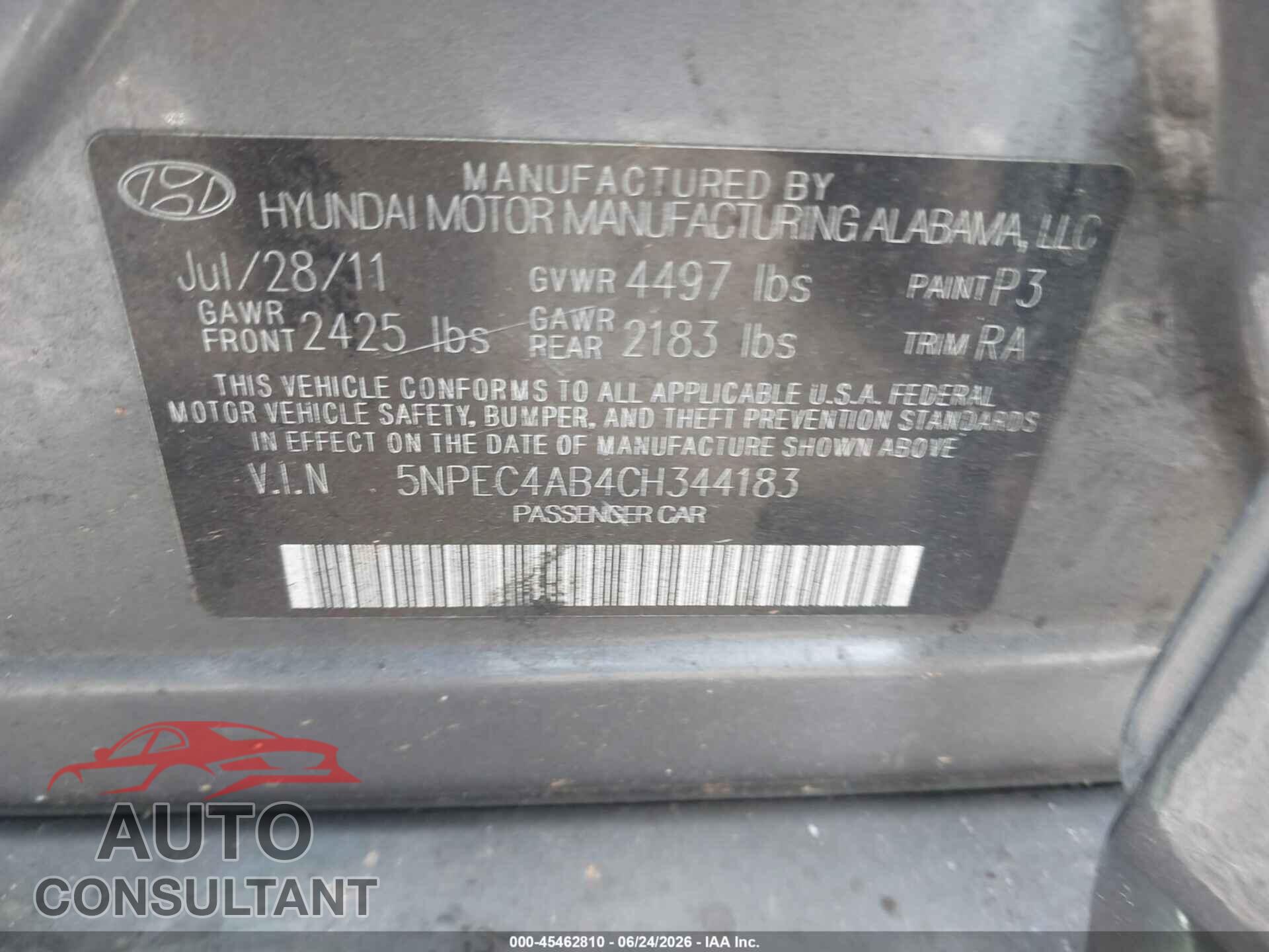 HYUNDAI SONATA 2012 - 5NPEC4AB4CH344183