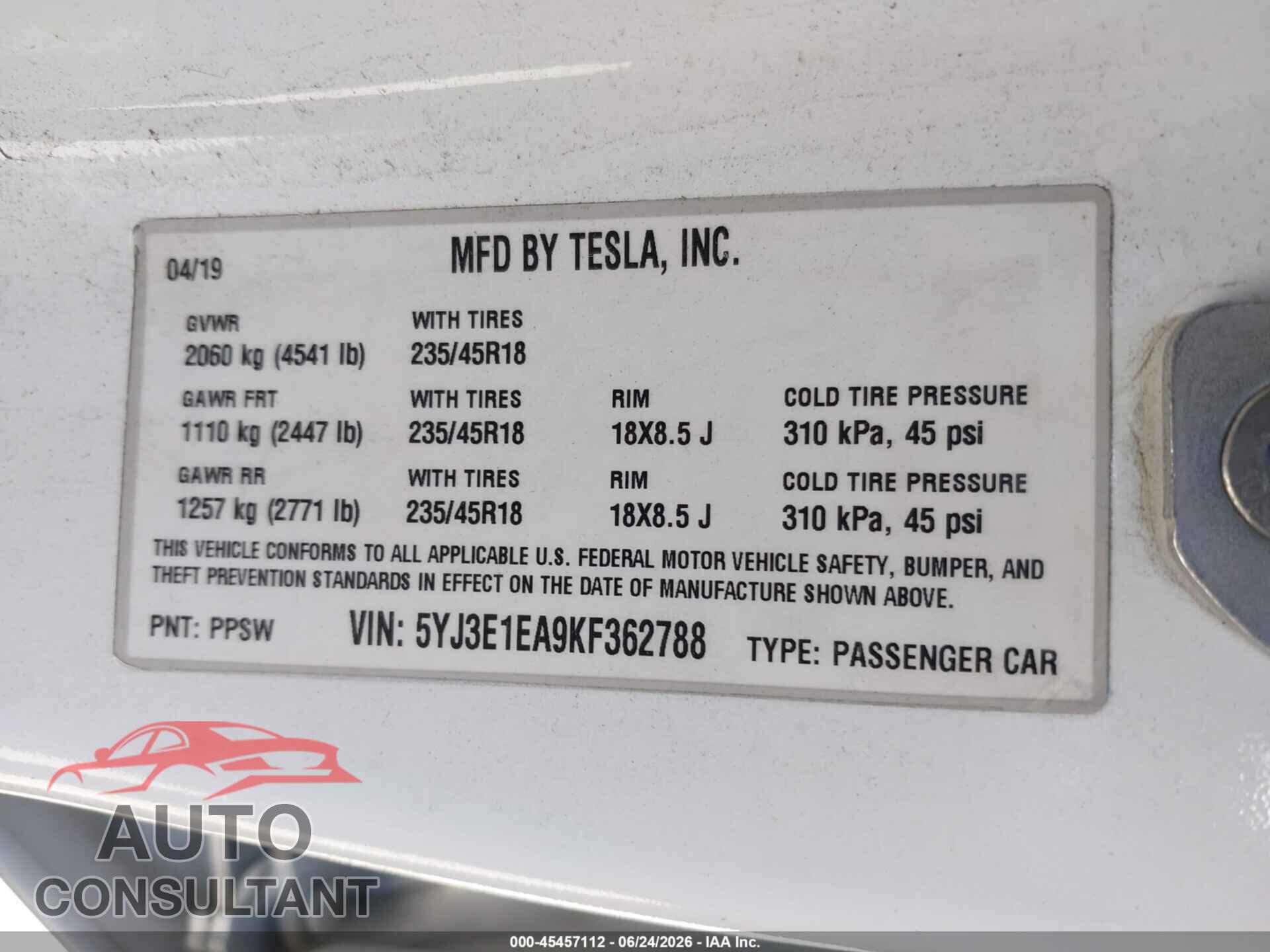 TESLA MODEL 3 2019 - 5YJ3E1EA9KF362788