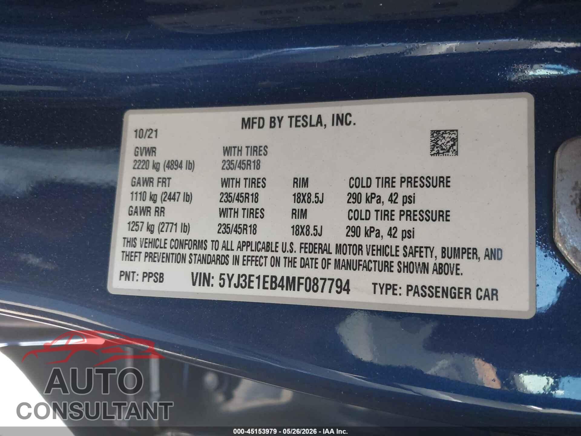 TESLA MODEL 3 2021 - 5YJ3E1EB4MF087794
