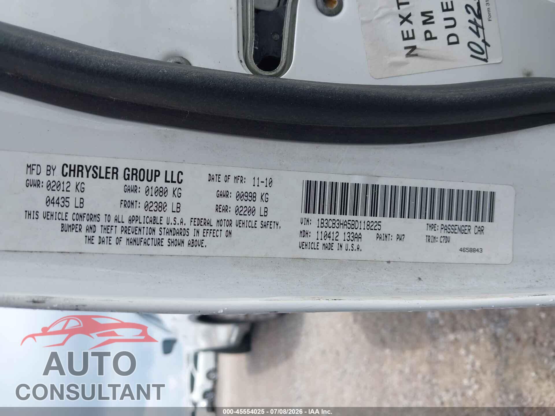 DODGE CALIBER 2011 - 1B3CB3HA5BD118225