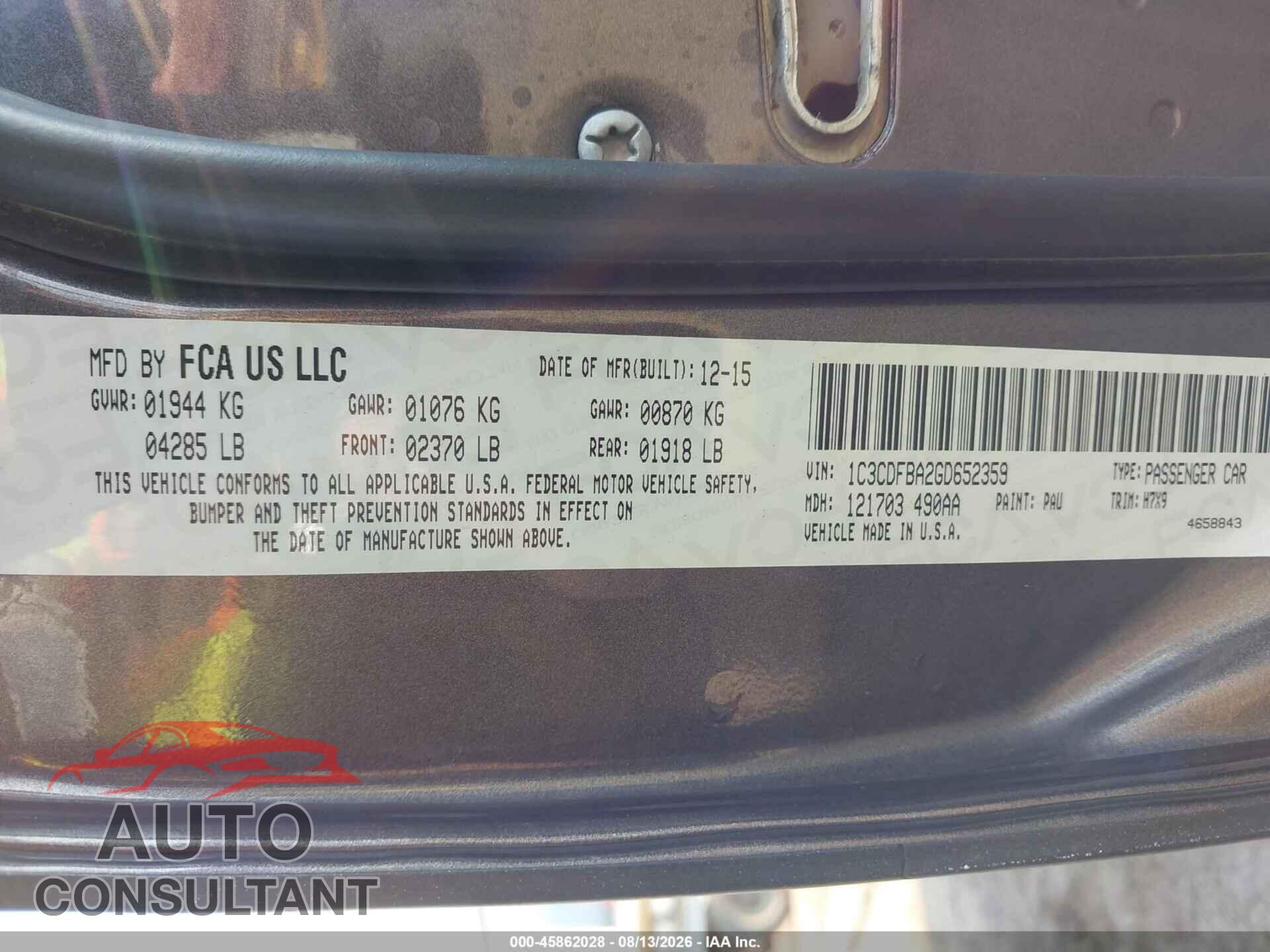 DODGE DART 2016 - 1C3CDFBA2GD652359