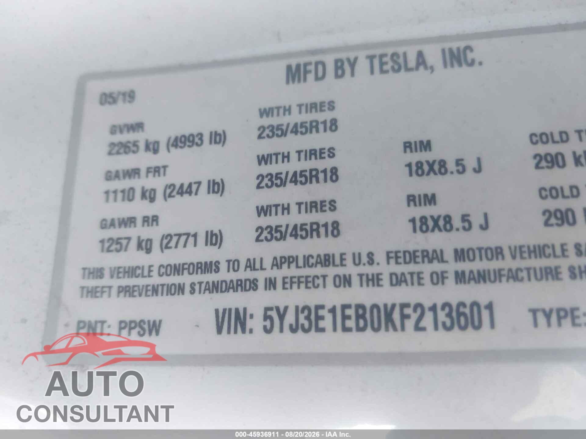 TESLA MODEL 3 2019 - 5YJ3E1EB0KF213601
