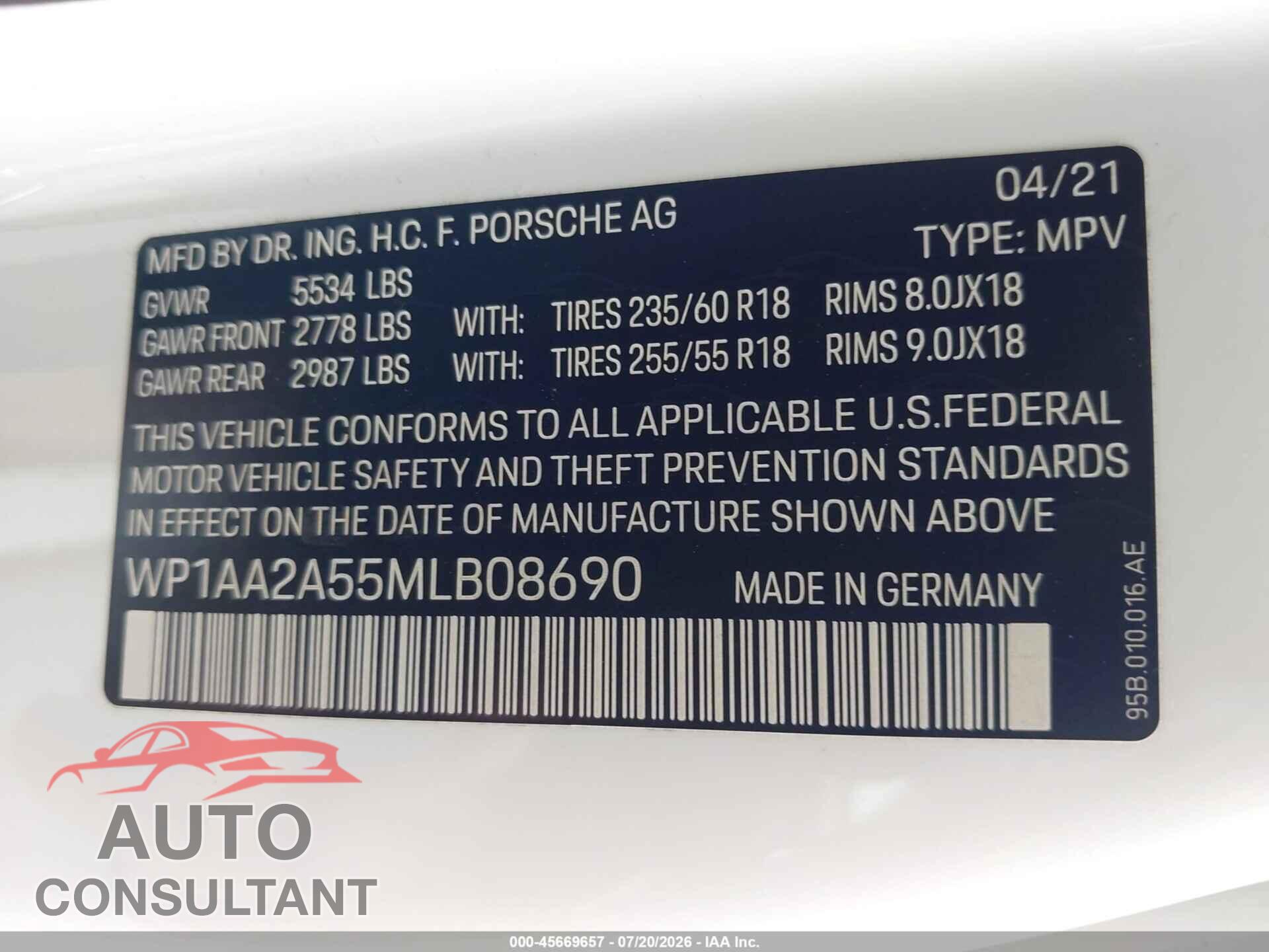 PORSCHE MACAN 2021 - WP1AA2A55MLB08690