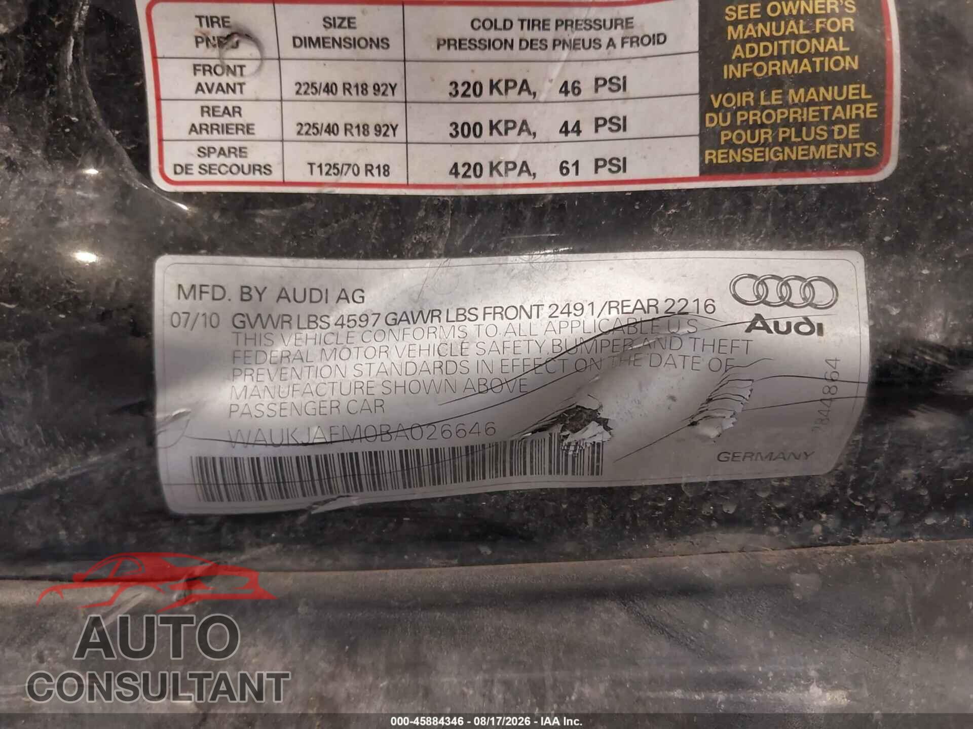 AUDI A3 2011 - WAUKJAFM0BA026646