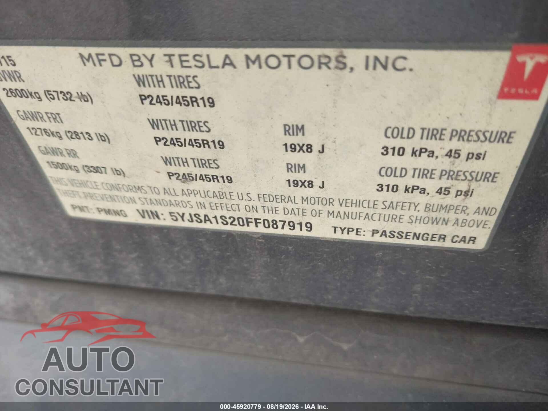 TESLA MODEL S 2015 - 5YJSA1S20FF087919
