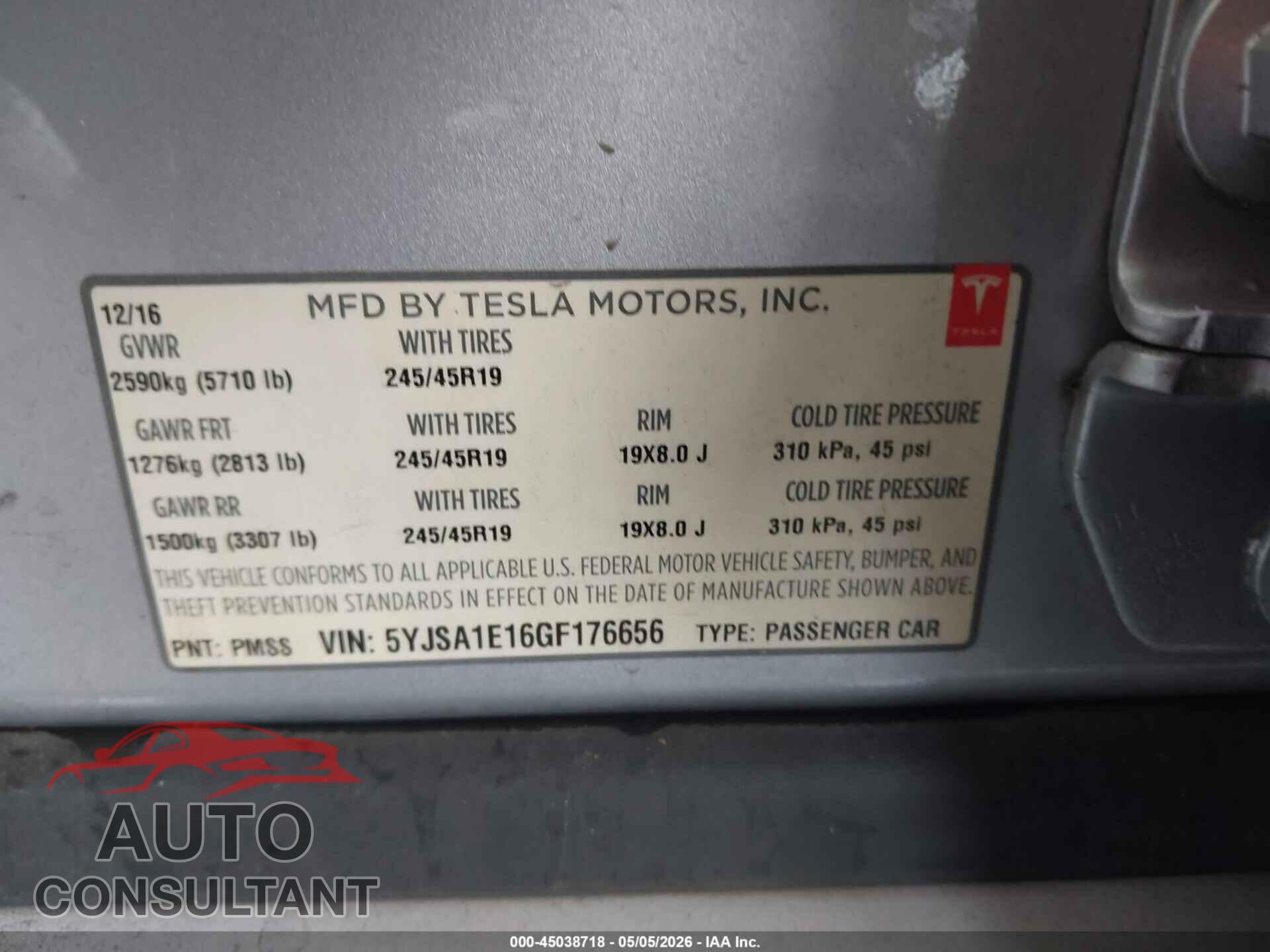 TESLA MODEL S 2016 - 5YJSA1E16GF176656