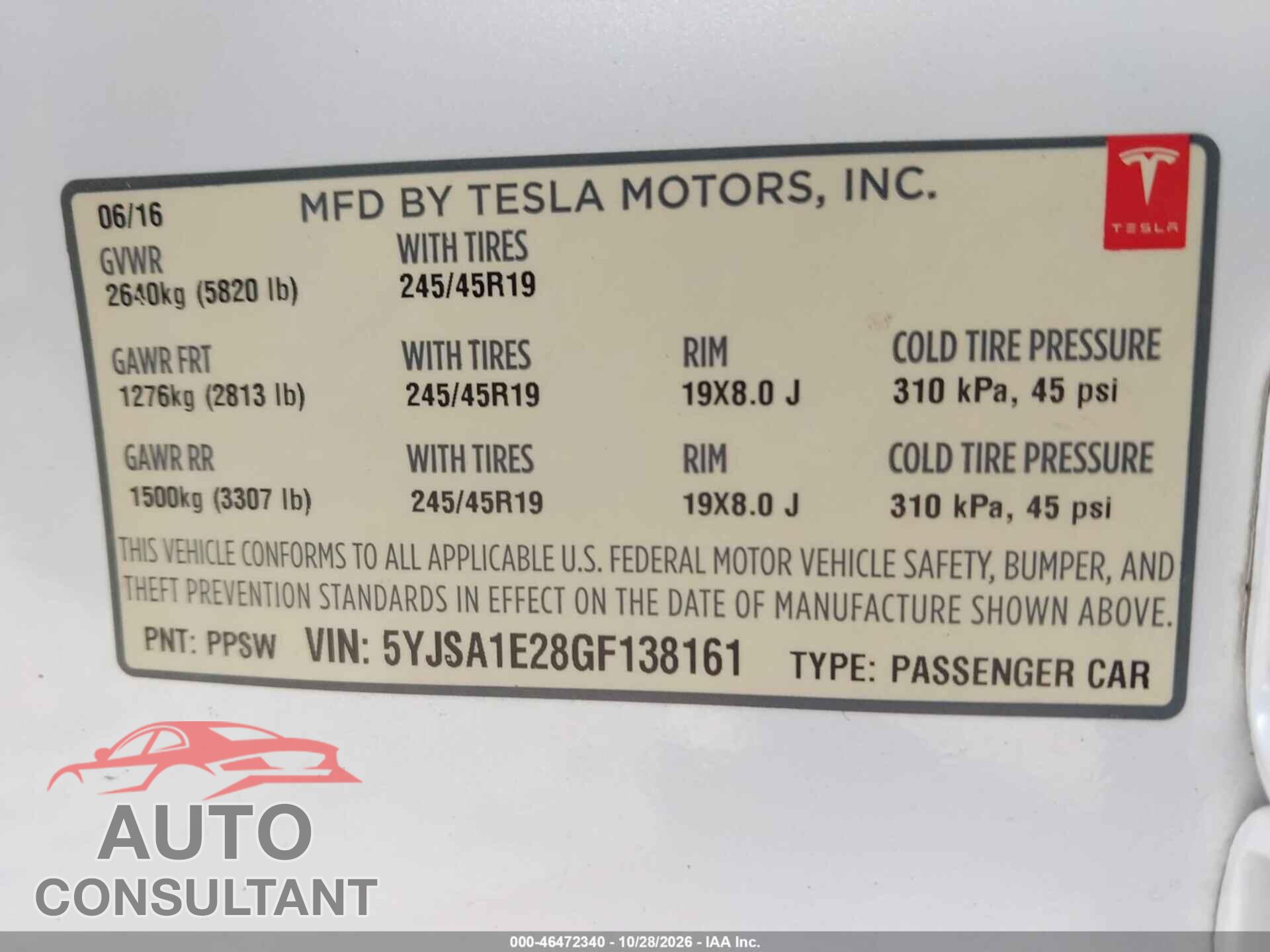 TESLA MODEL S 2016 - 5YJSA1E28GF138161