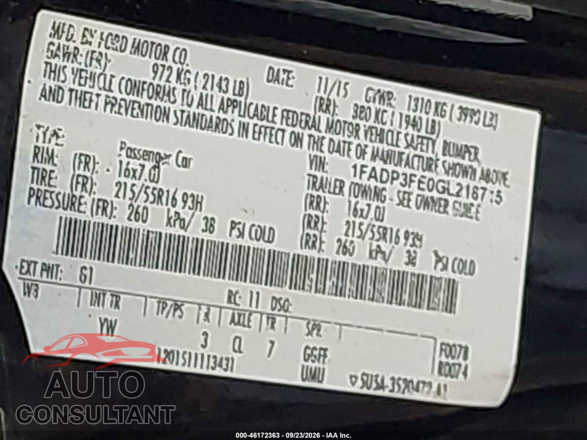 FORD FOCUS 2016 - 1FADP3FE0GL218715