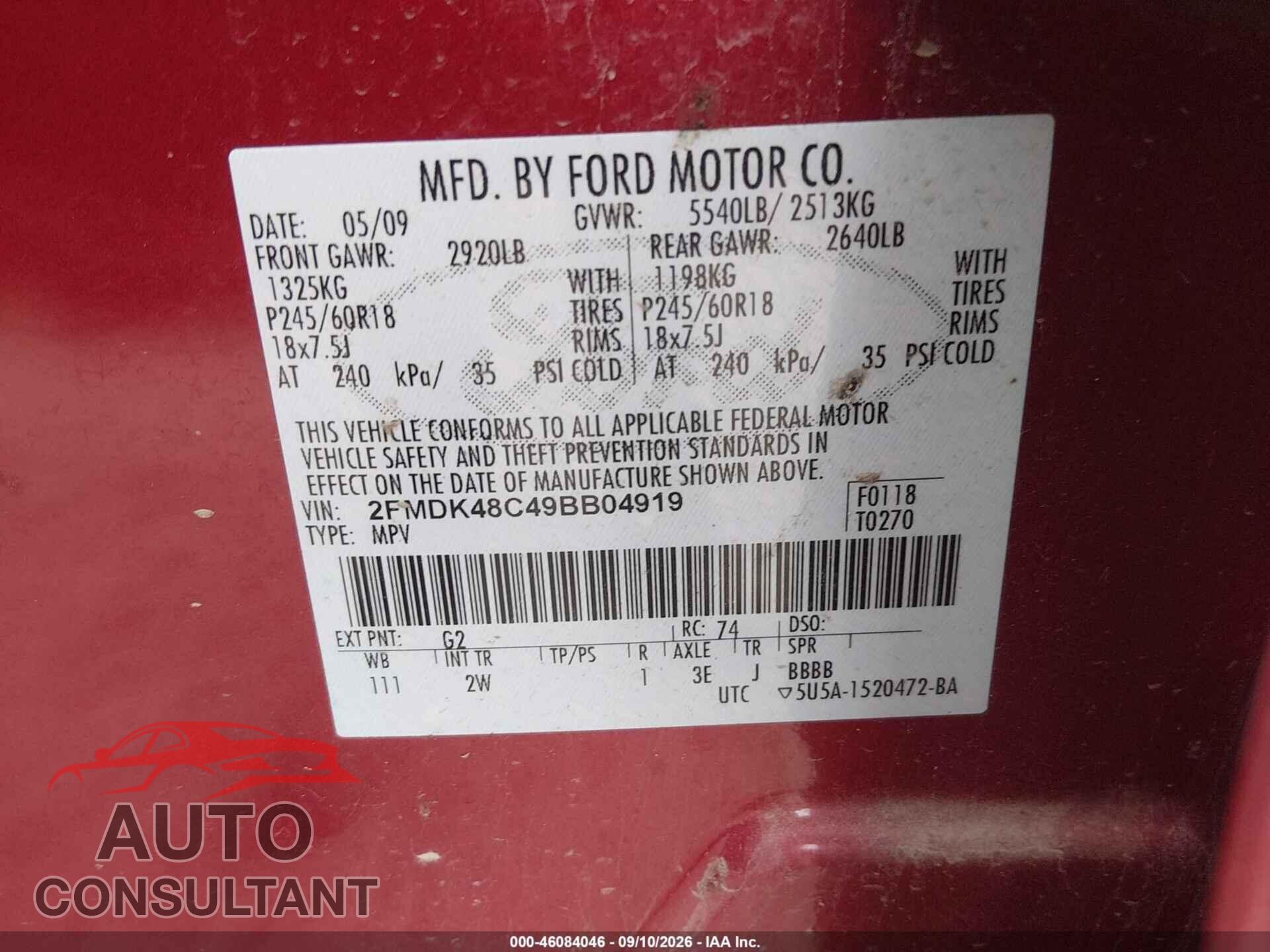 FORD EDGE 2009 - 2FMDK48C49BB04919