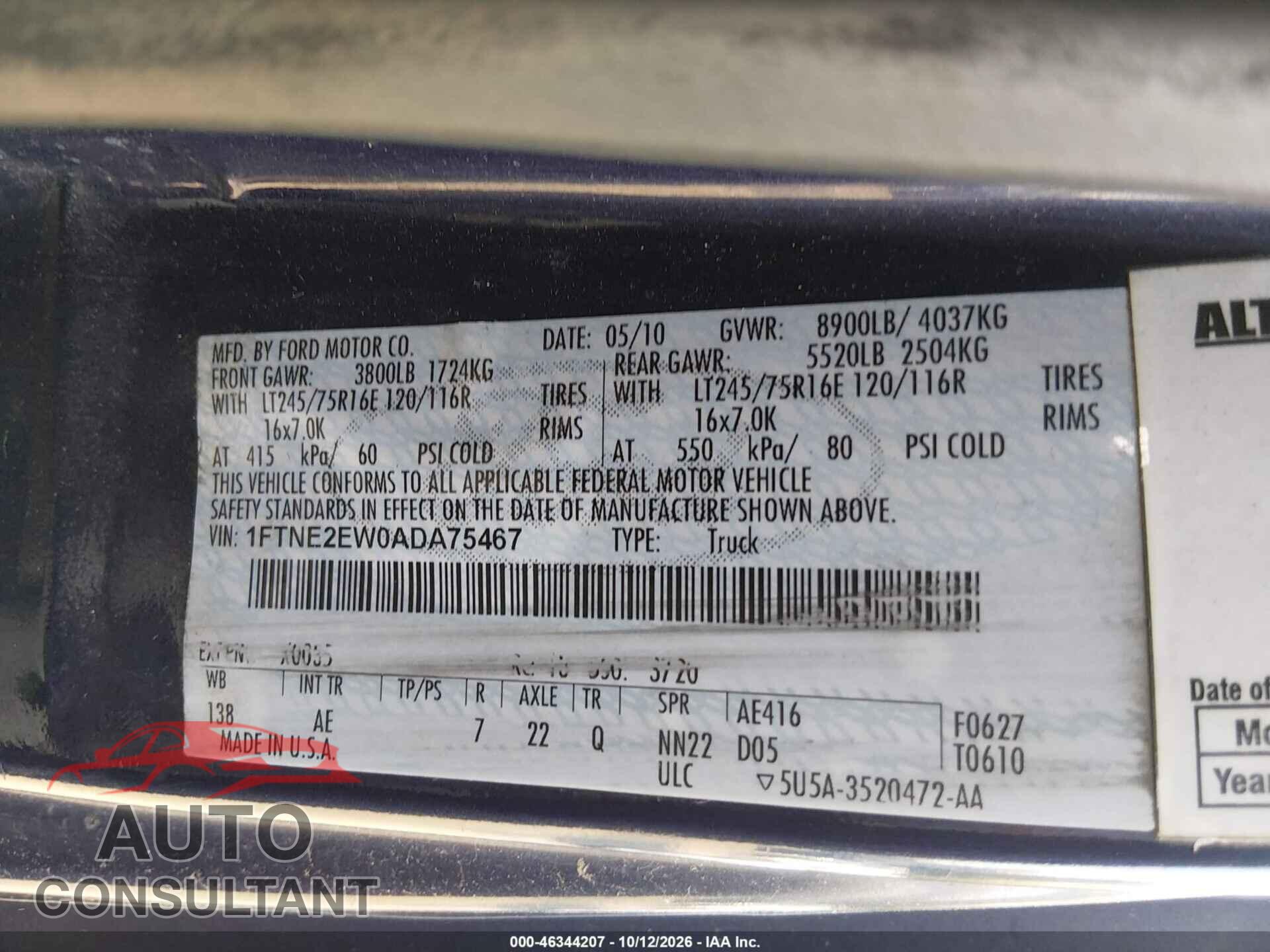 FORD E-250 2010 - 1FTNE2EW0ADA75467