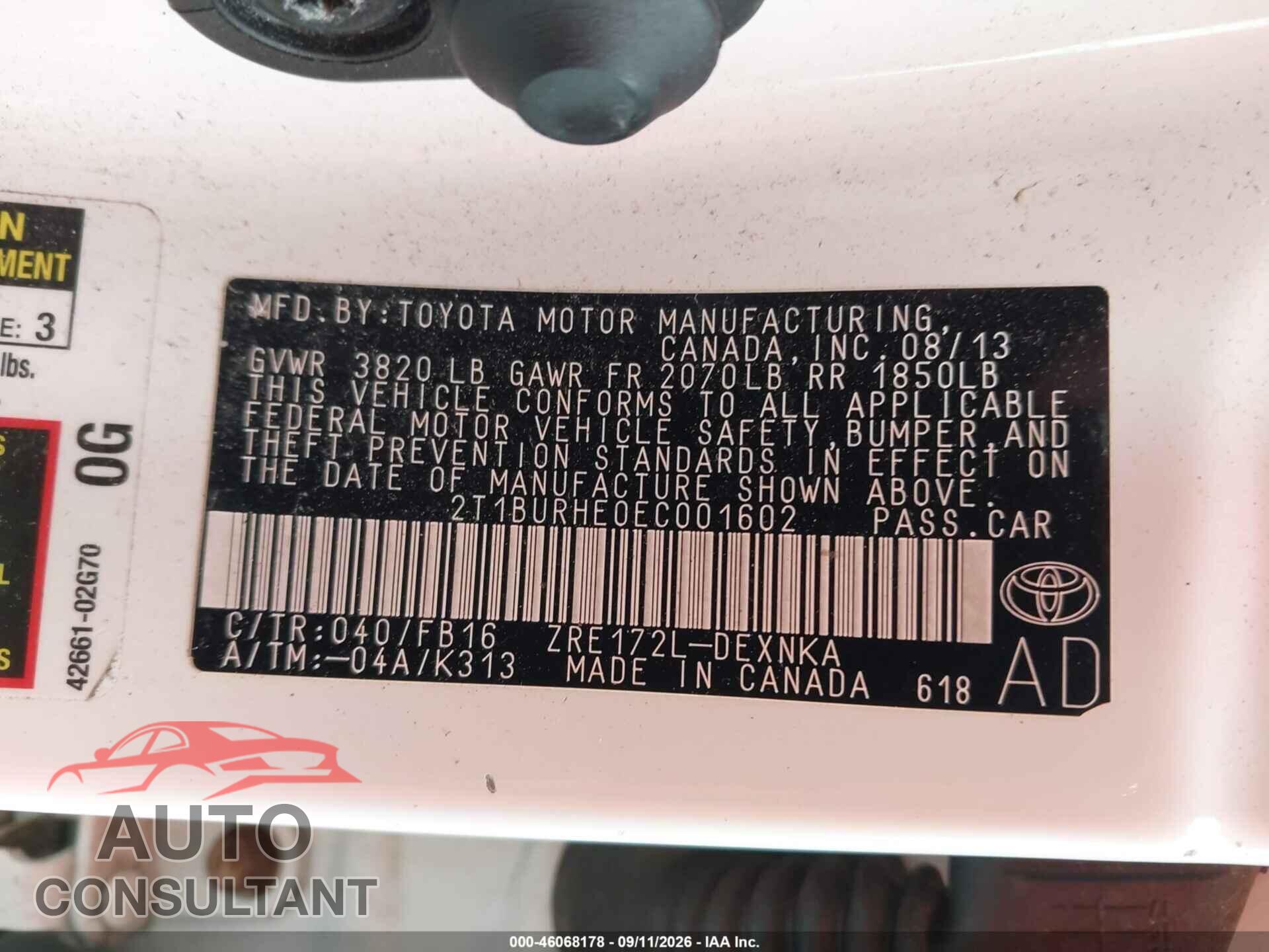 TOYOTA COROLLA 2014 - 2T1BURHE0EC001602