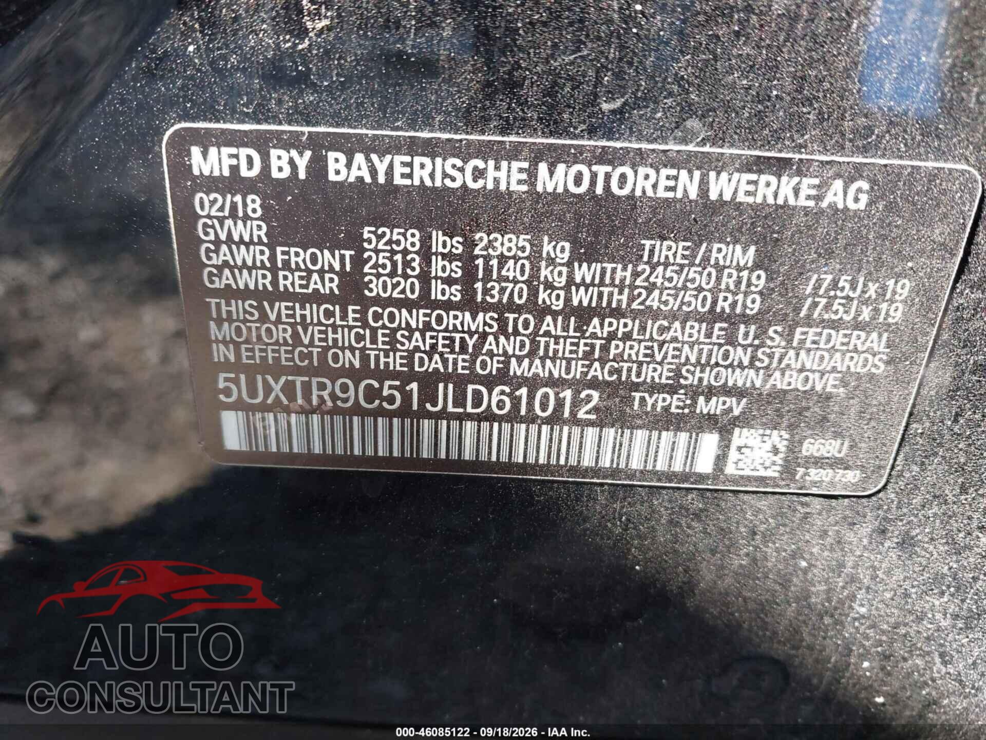 BMW X3 2018 - 5UXTR9C51JLD61012