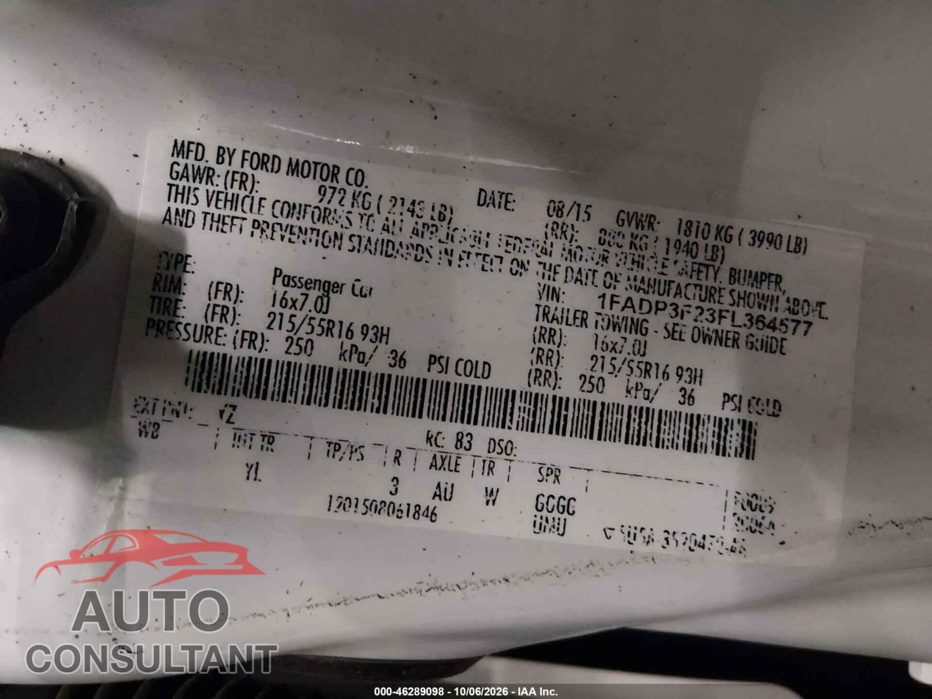 FORD FOCUS 2015 - 1FADP3F23FL364577