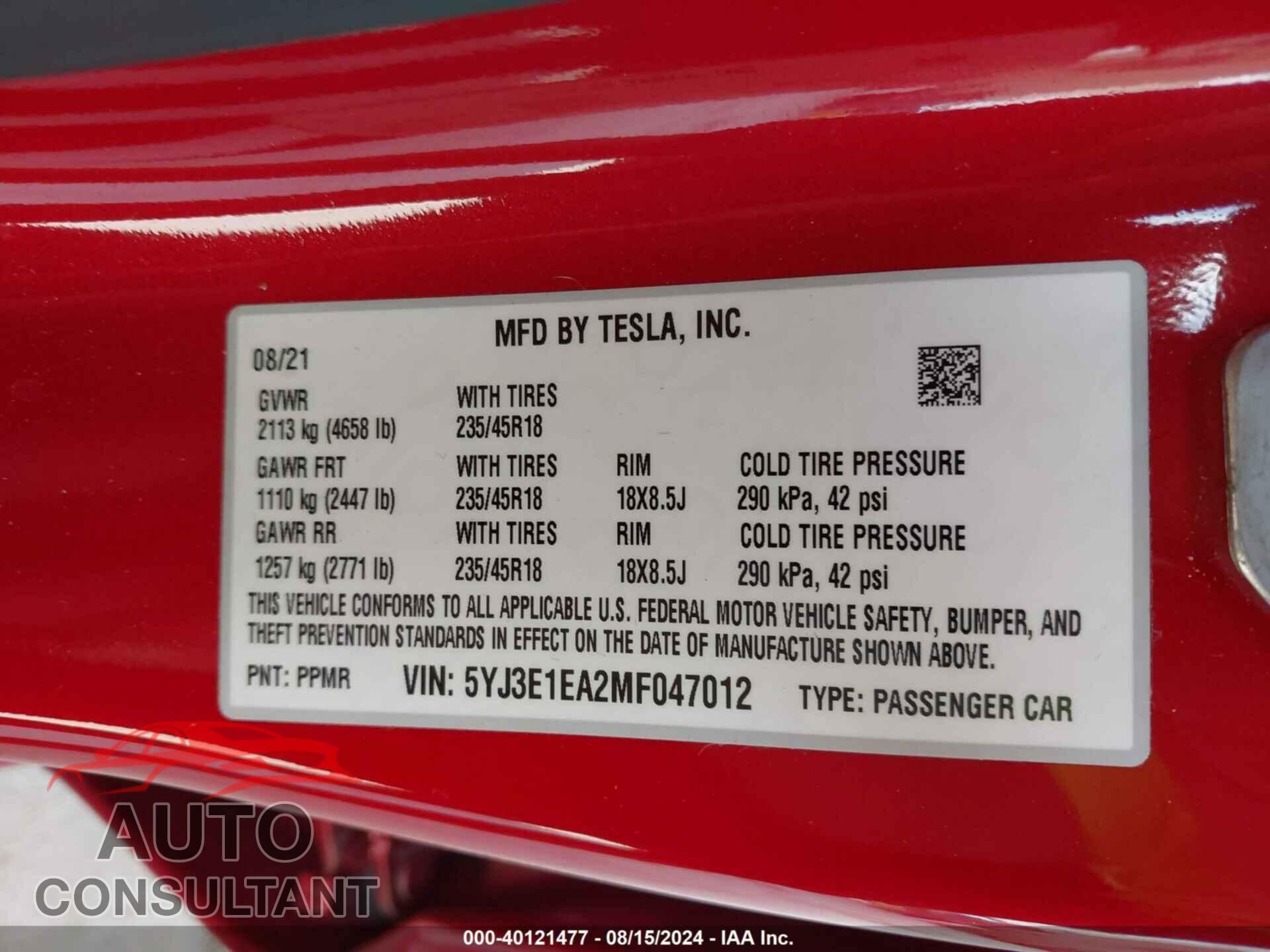 TESLA MODEL 3 2021 - 5YJ3E1EA2MF047012