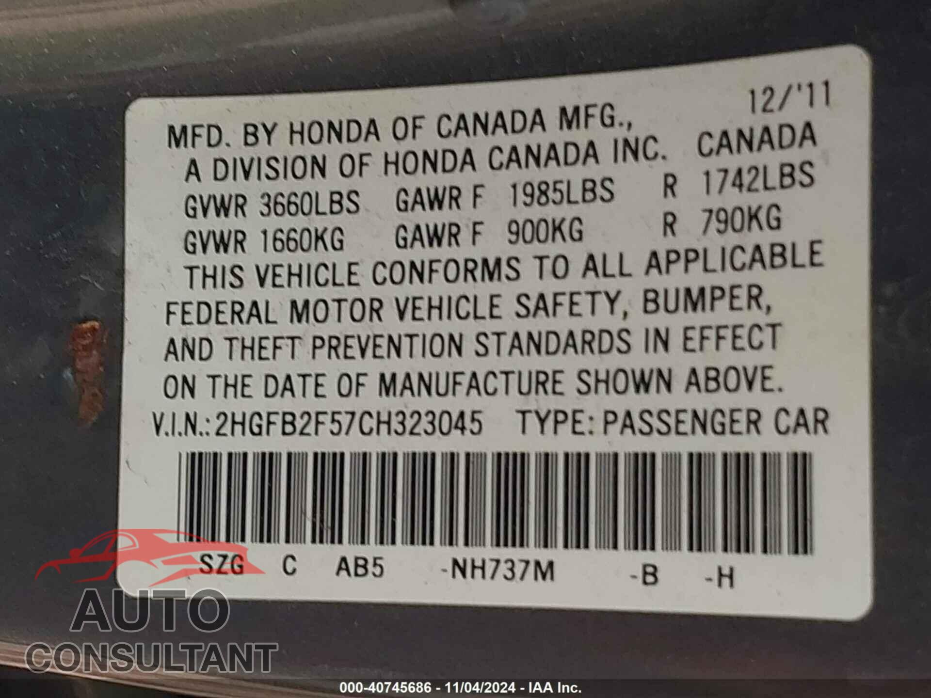HONDA CIVIC 2012 - 2HGFB2F57CH323045