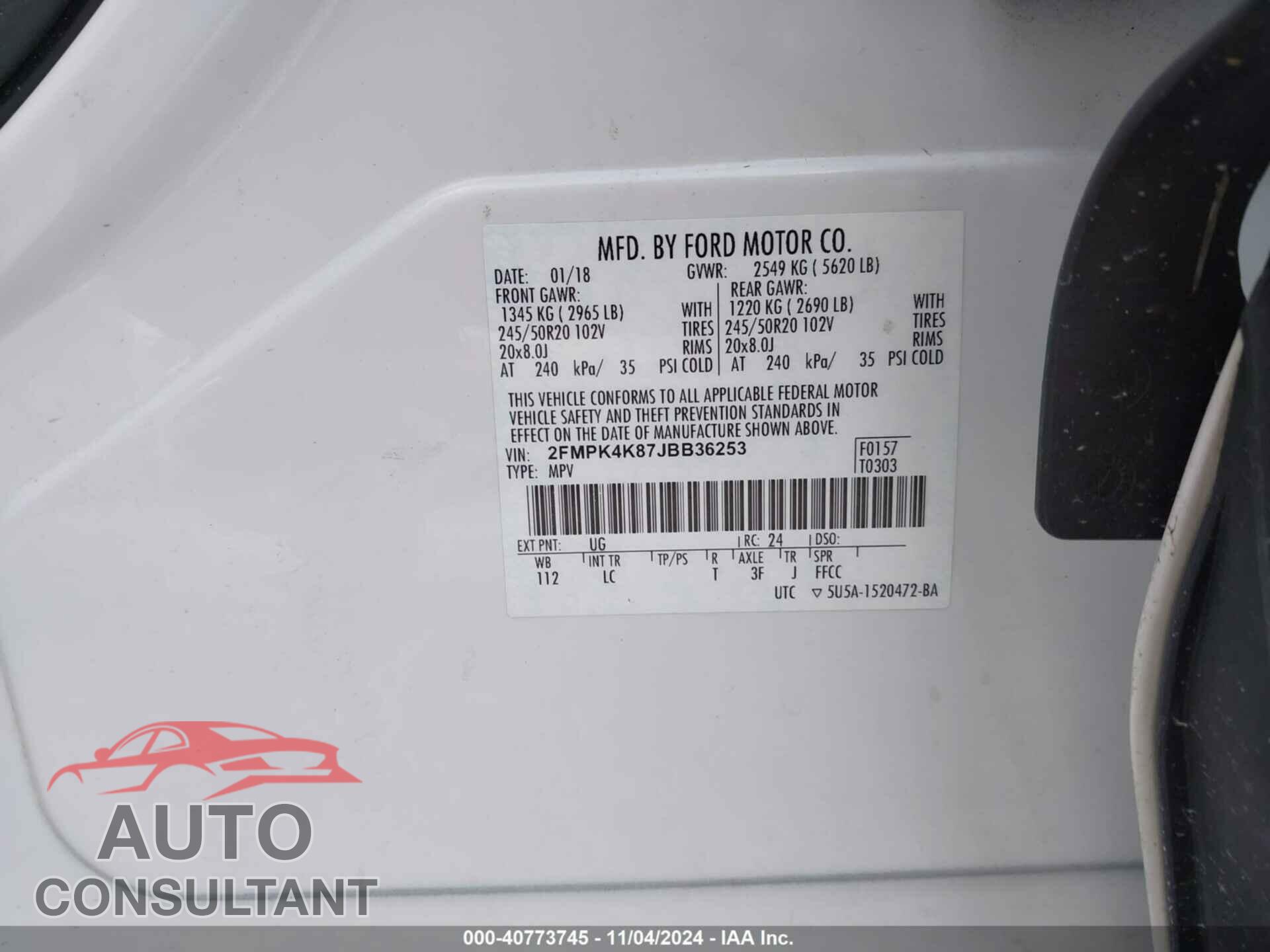 FORD EDGE 2018 - 2FMPK4K87JBB36253