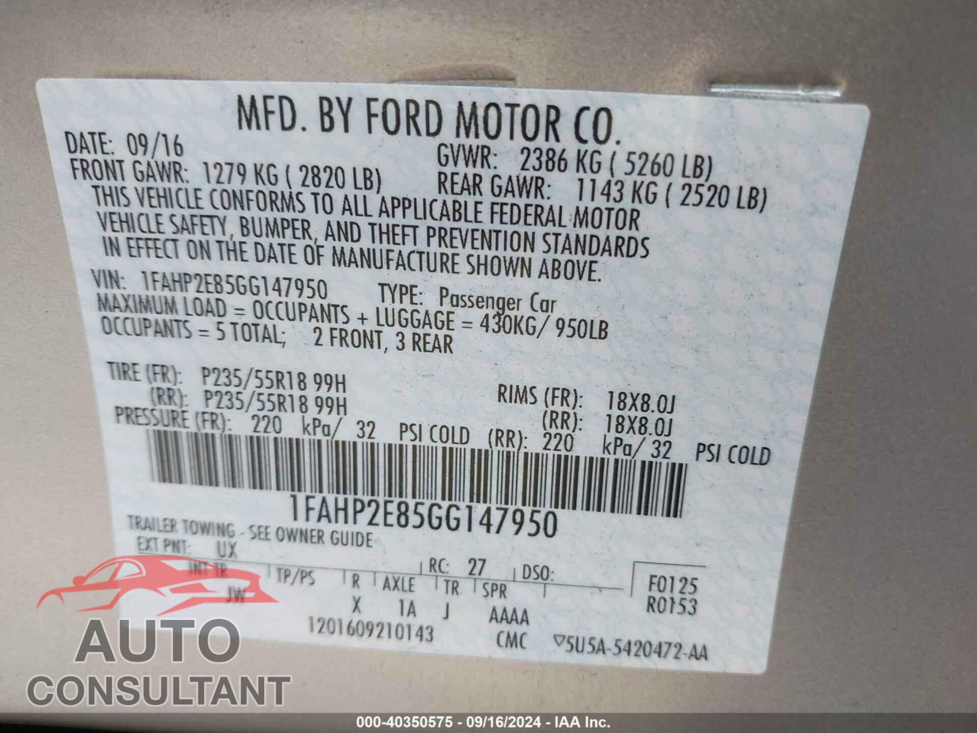 FORD TAURUS 2016 - 1FAHP2E85GG147950