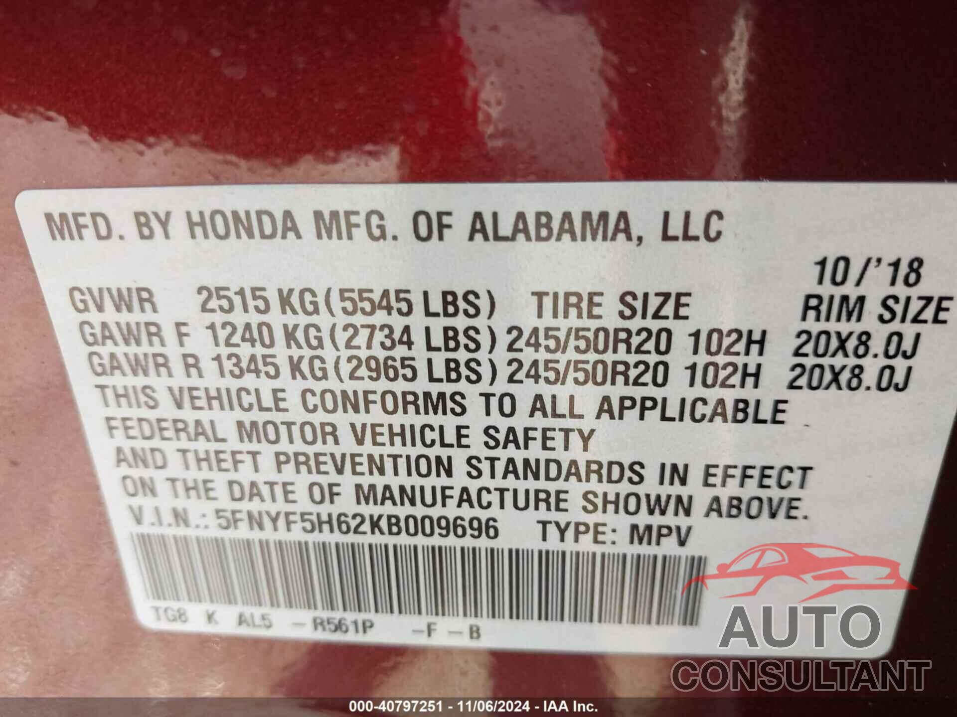HONDA PILOT 2019 - 5FNYF5H62KB009696
