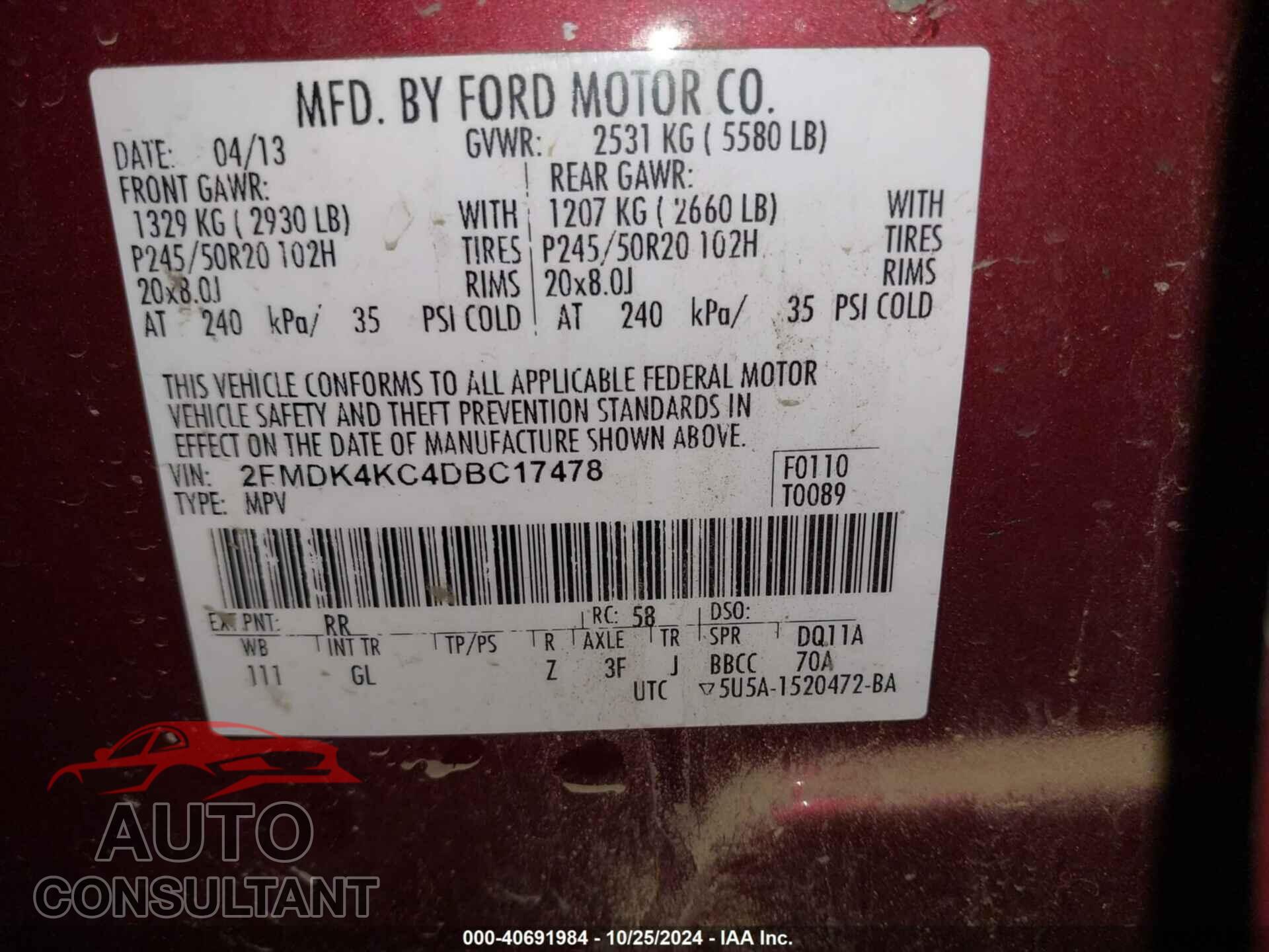FORD EDGE 2013 - 2FMDK4KC4DBC17478