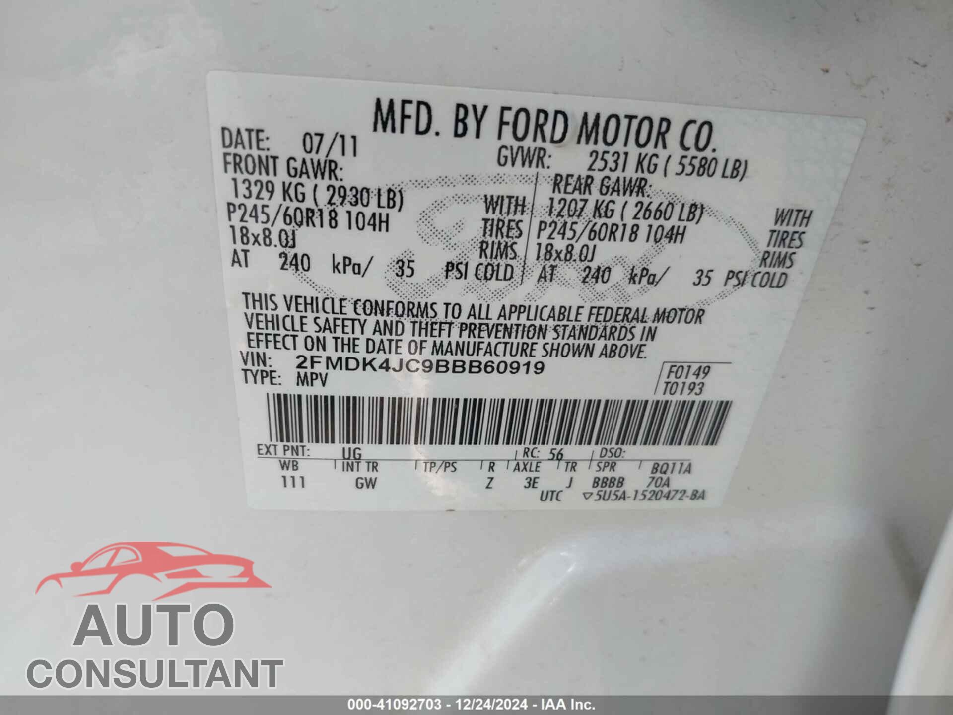 FORD EDGE 2011 - 2FMDK4JC9BBB60919