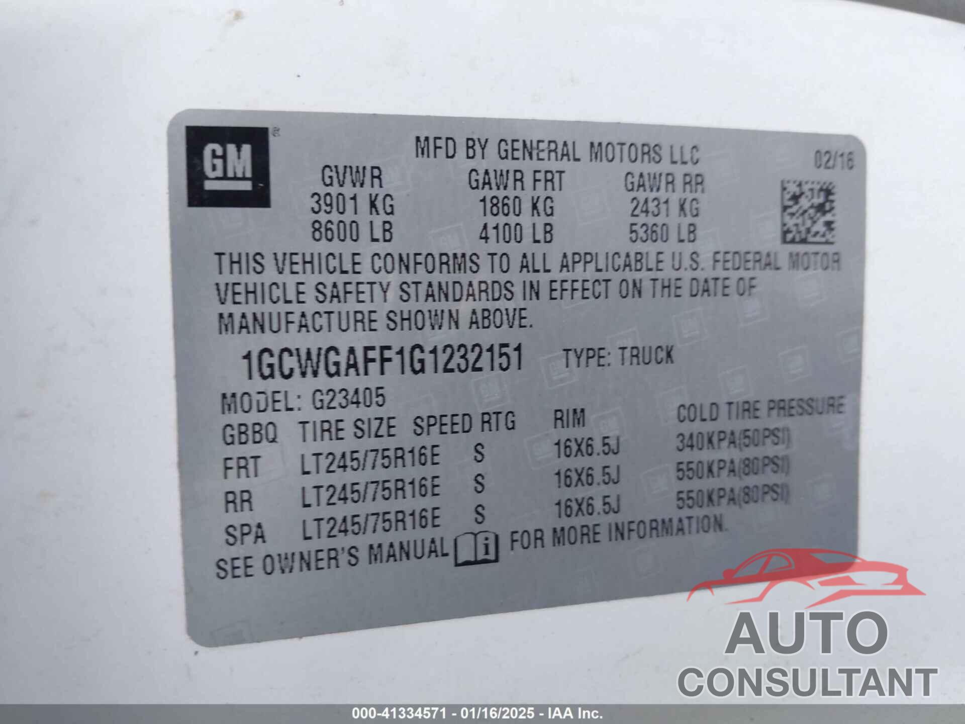 CHEVROLET EXPRESS 2500 2016 - 1GCWGAFF1G1232151