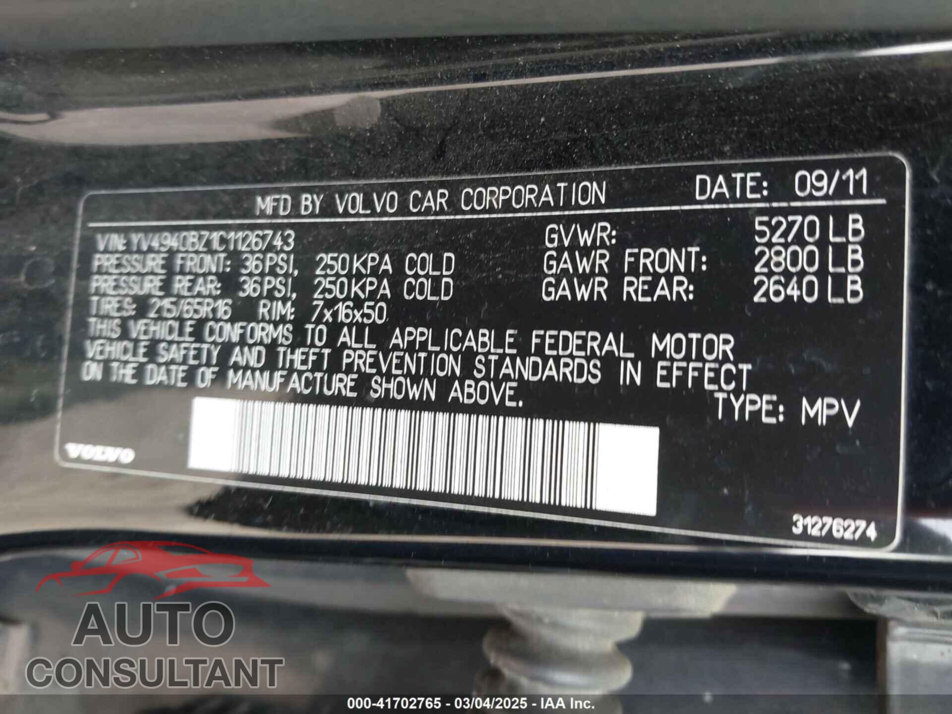 VOLVO XC70 2012 - YV4940BZ1C1126743