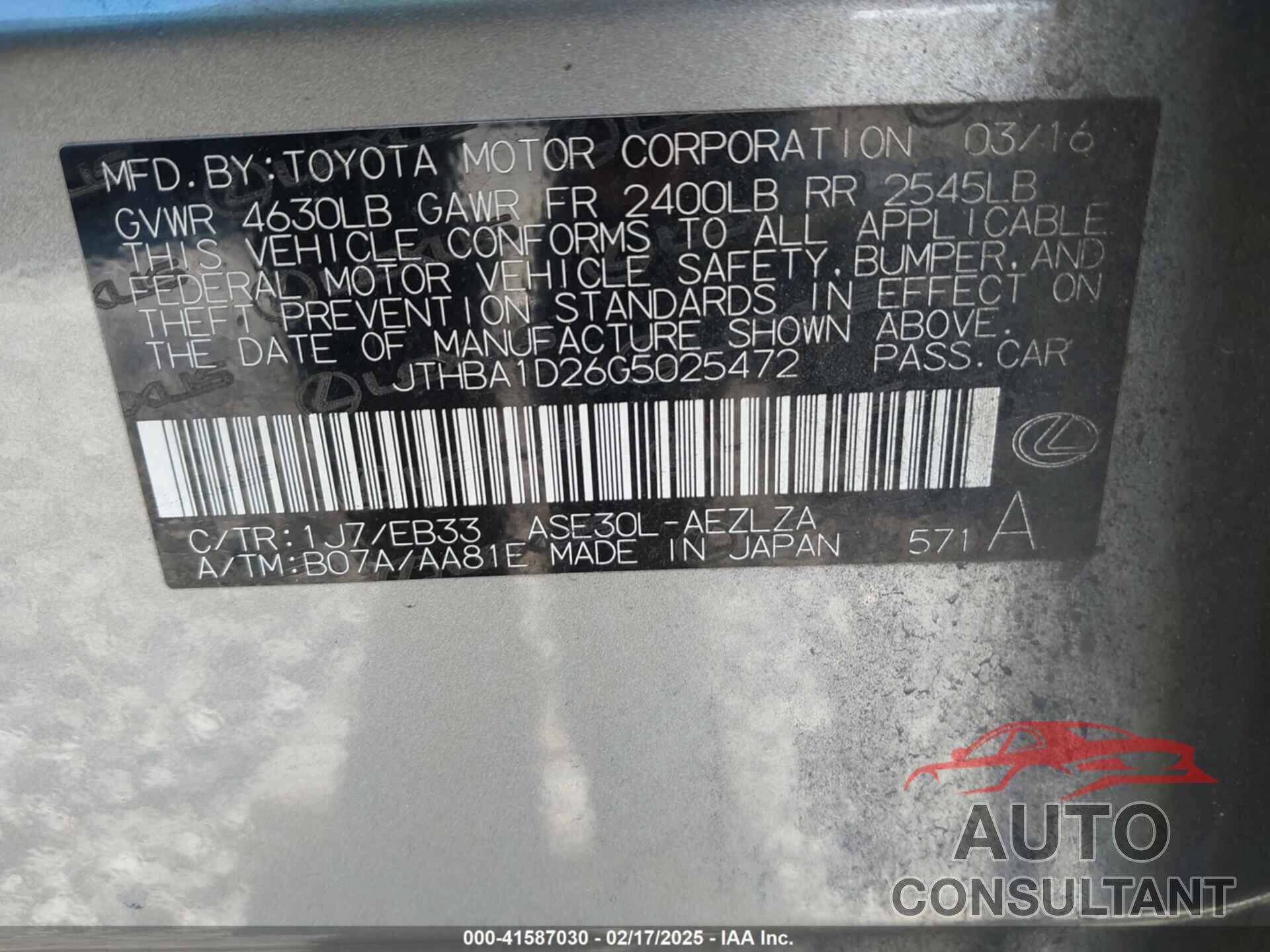 LEXUS IS 200T 2016 - JTHBA1D26G5025472