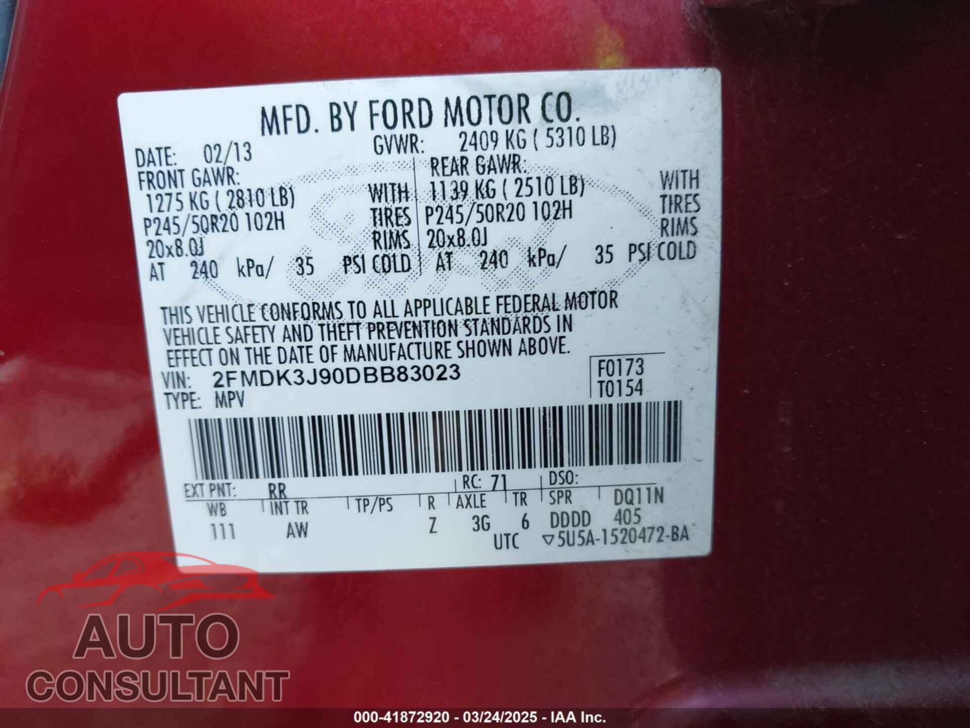 FORD EDGE 2013 - 2FMDK3J90DBB83023