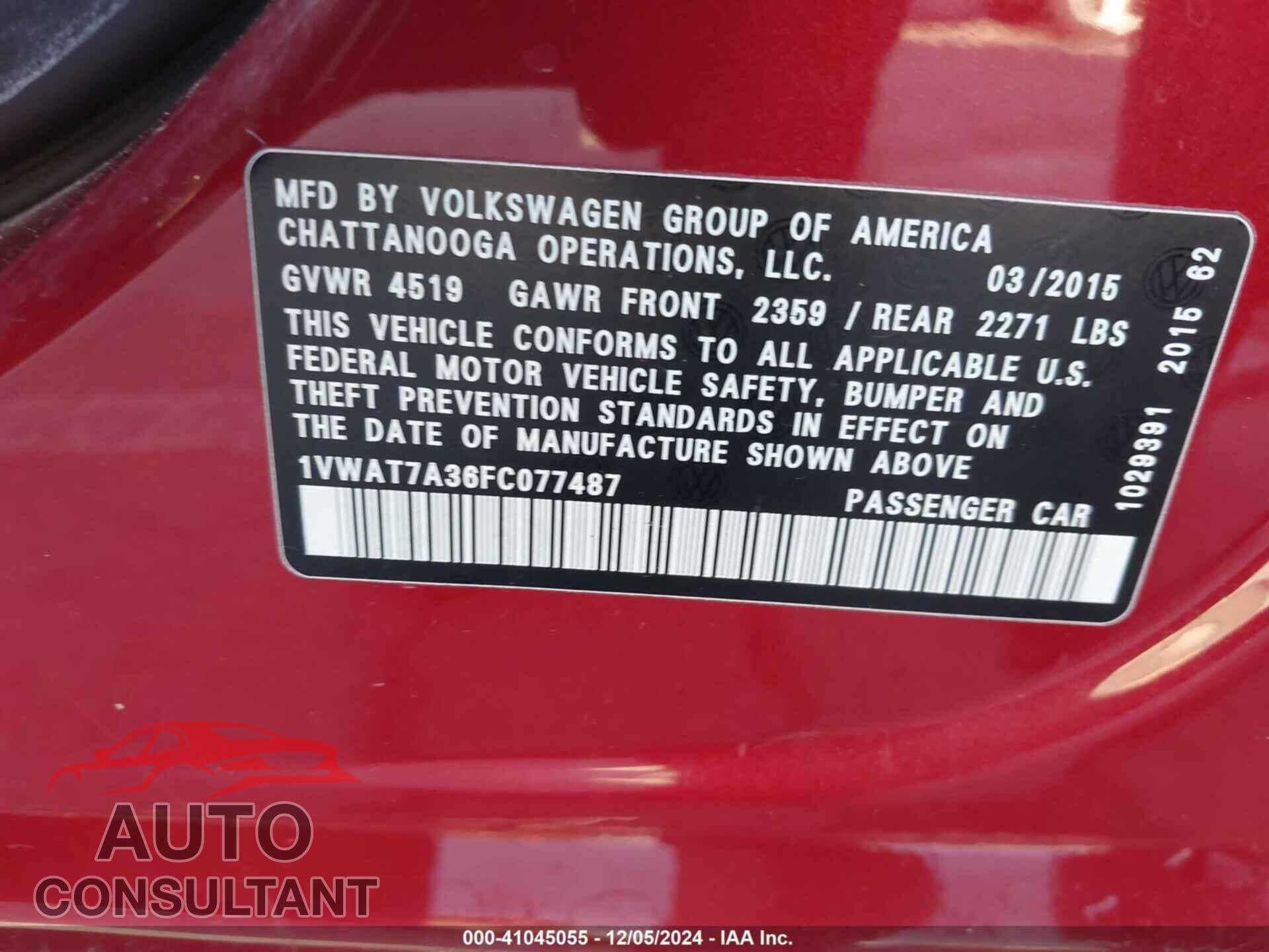 VOLKSWAGEN PASSAT 2015 - 1VWAT7A36FC077487
