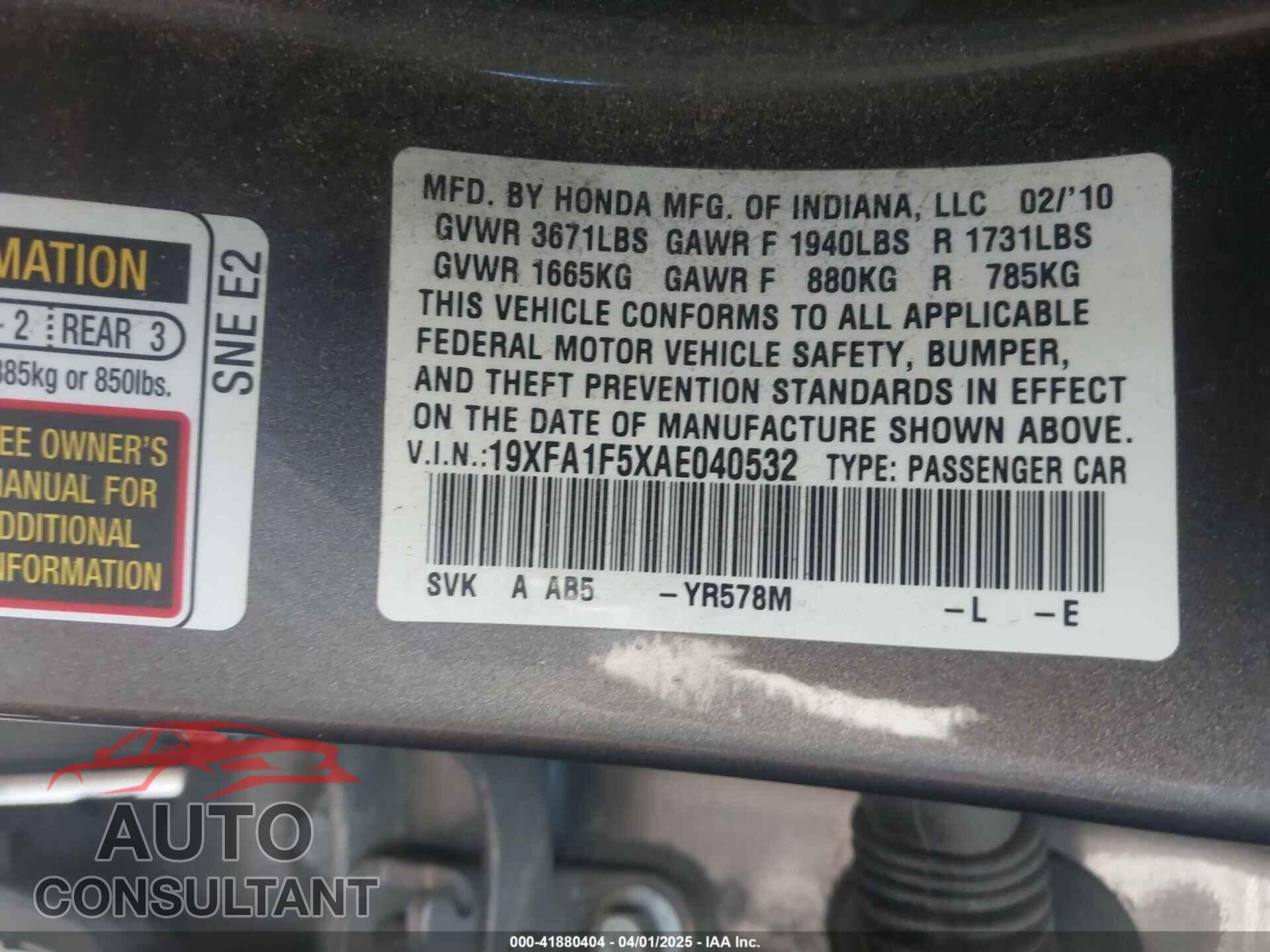 HONDA CIVIC 2010 - 19XFA1F5XAE040532
