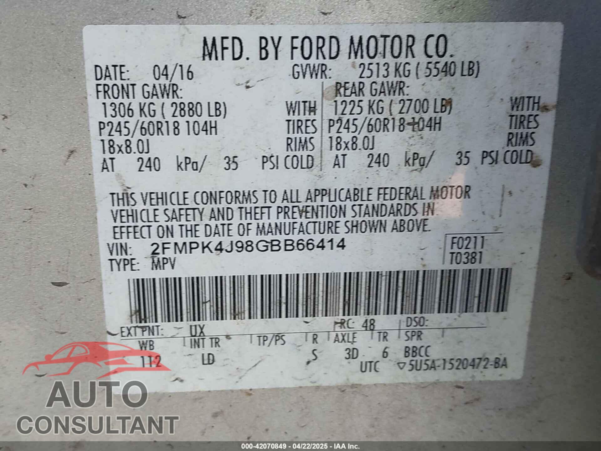 FORD EDGE 2016 - 2FMPK4J98GBB66414