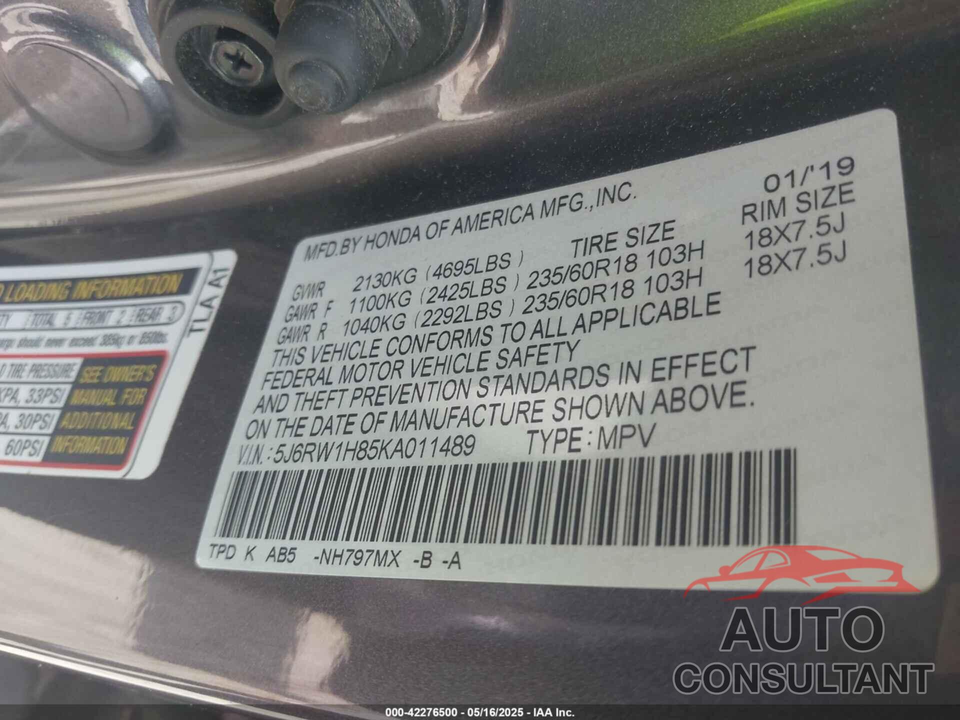 HONDA CR-V 2019 - 5J6RW1H85KA011489