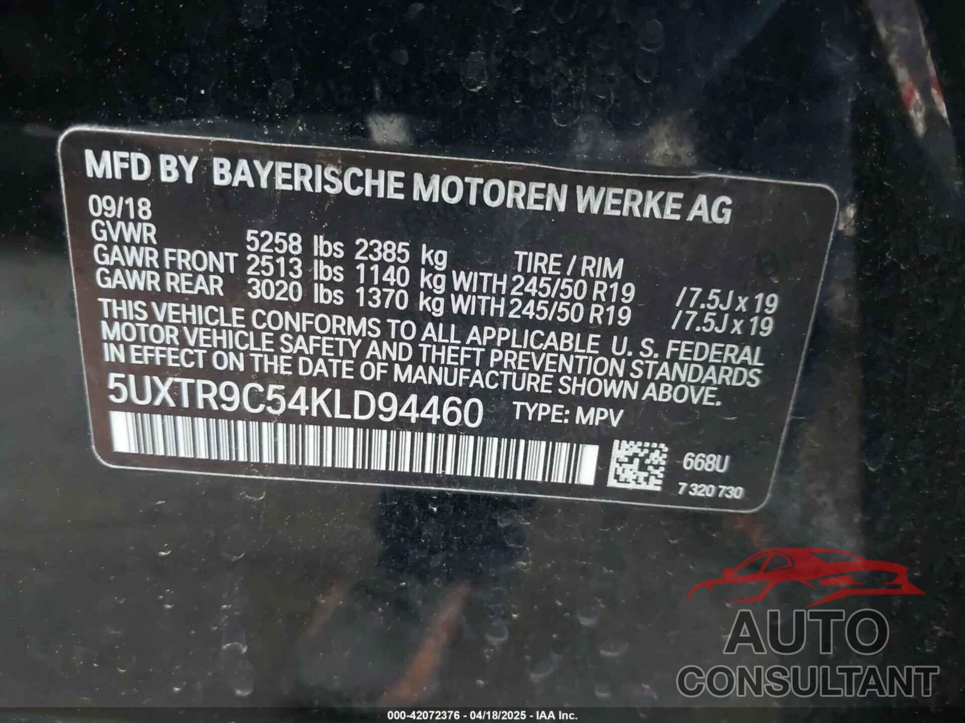 BMW X3 2019 - 5UXTR9C54KLD94460