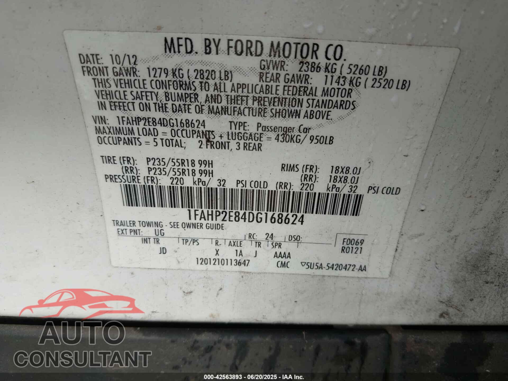 FORD TAURUS 2013 - 1FAHP2E84DG168624