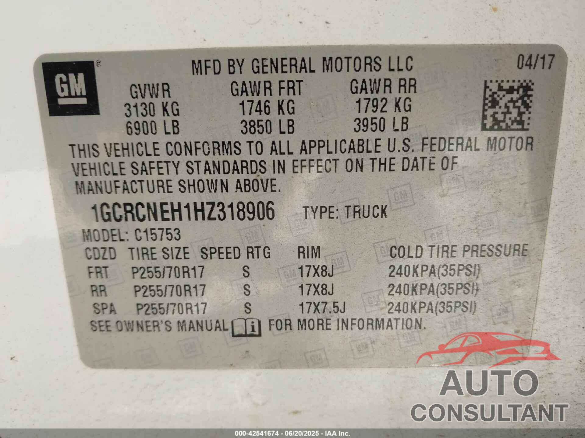 CHEVROLET SILVERADO 1500 2017 - 1GCRCNEH1HZ318906