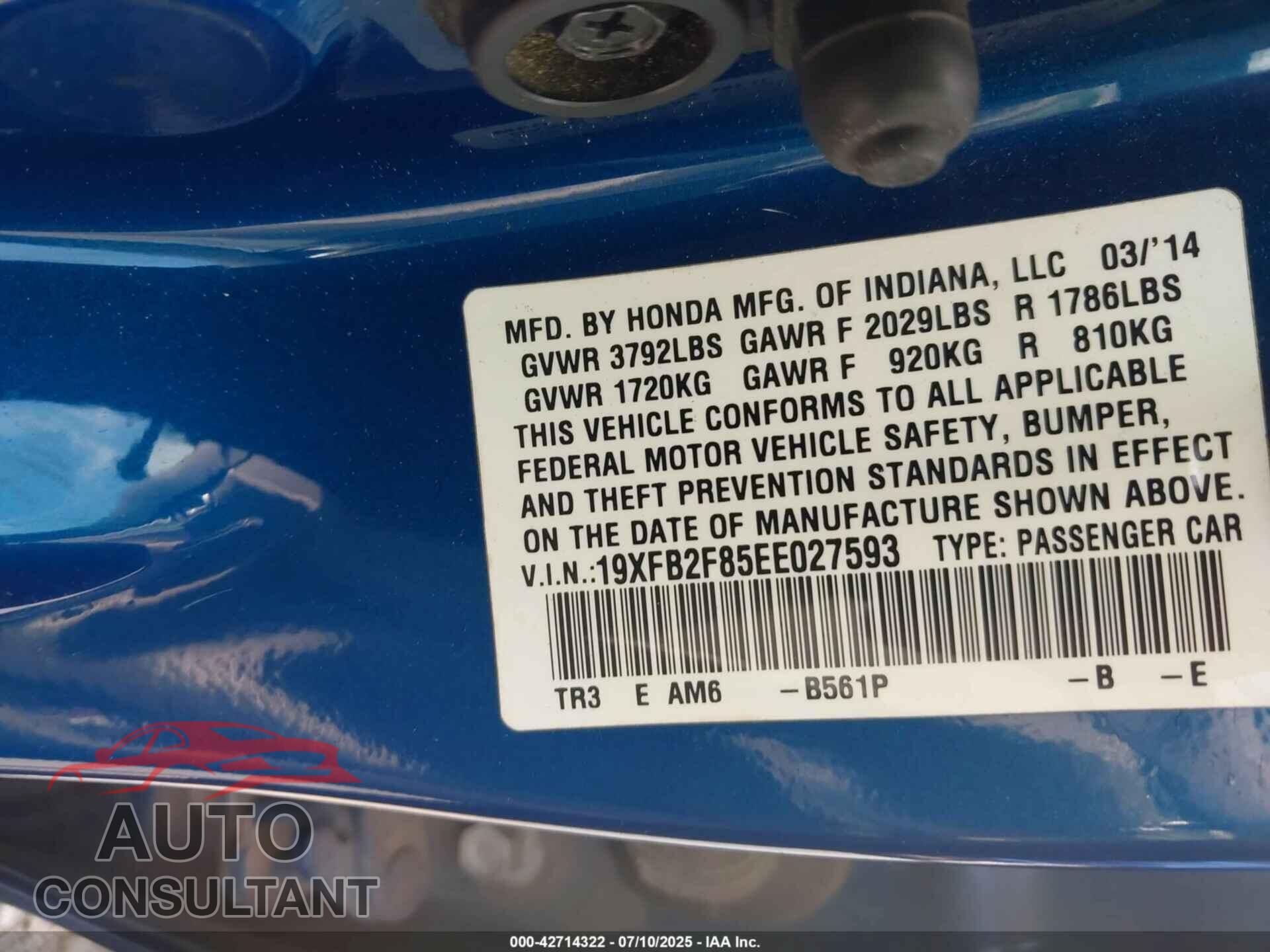 HONDA CIVIC 2014 - 19XFB2F85EE027593
