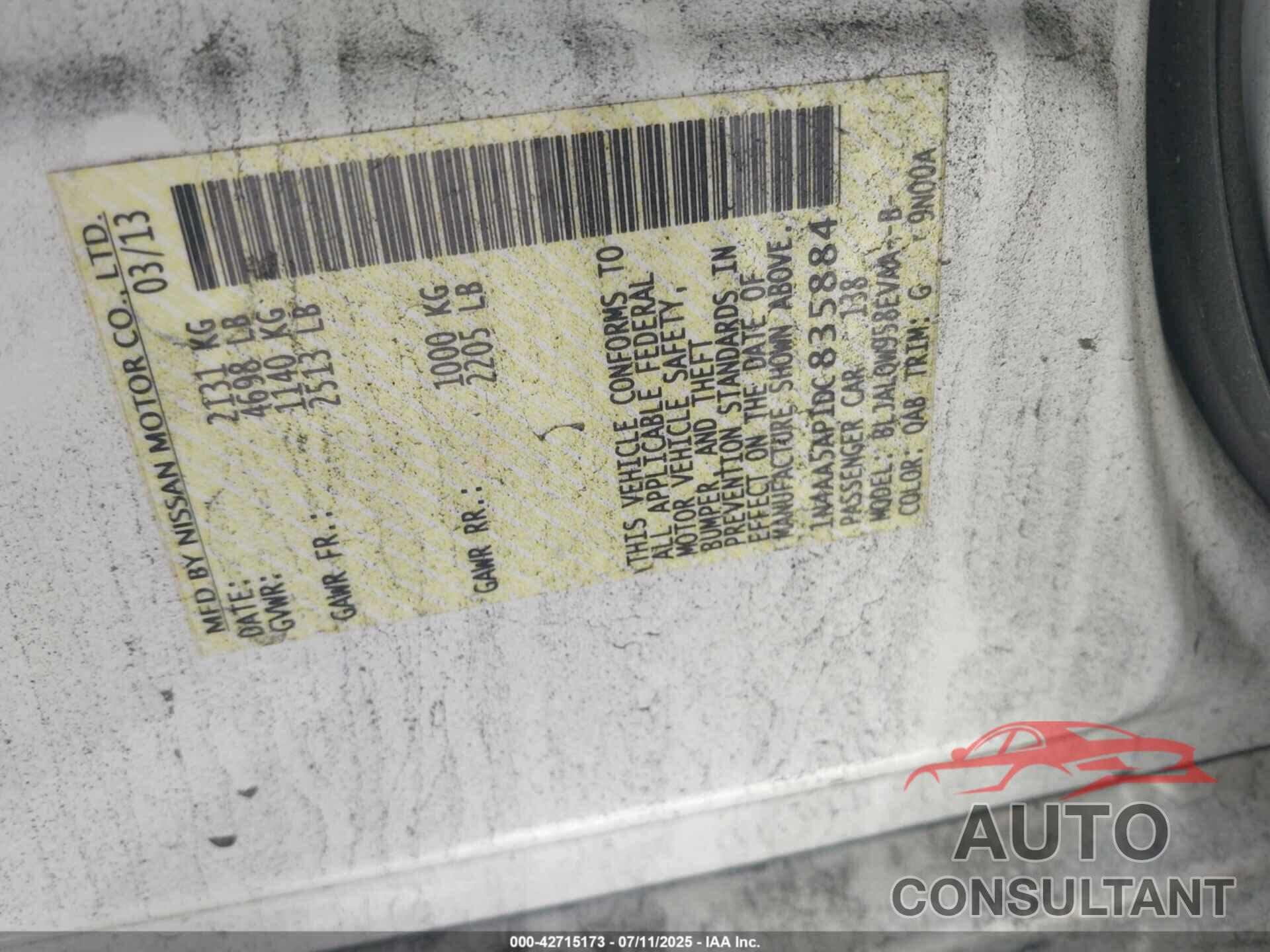 NISSAN MAXIMA 2013 - 1N4AA5AP1DC835884