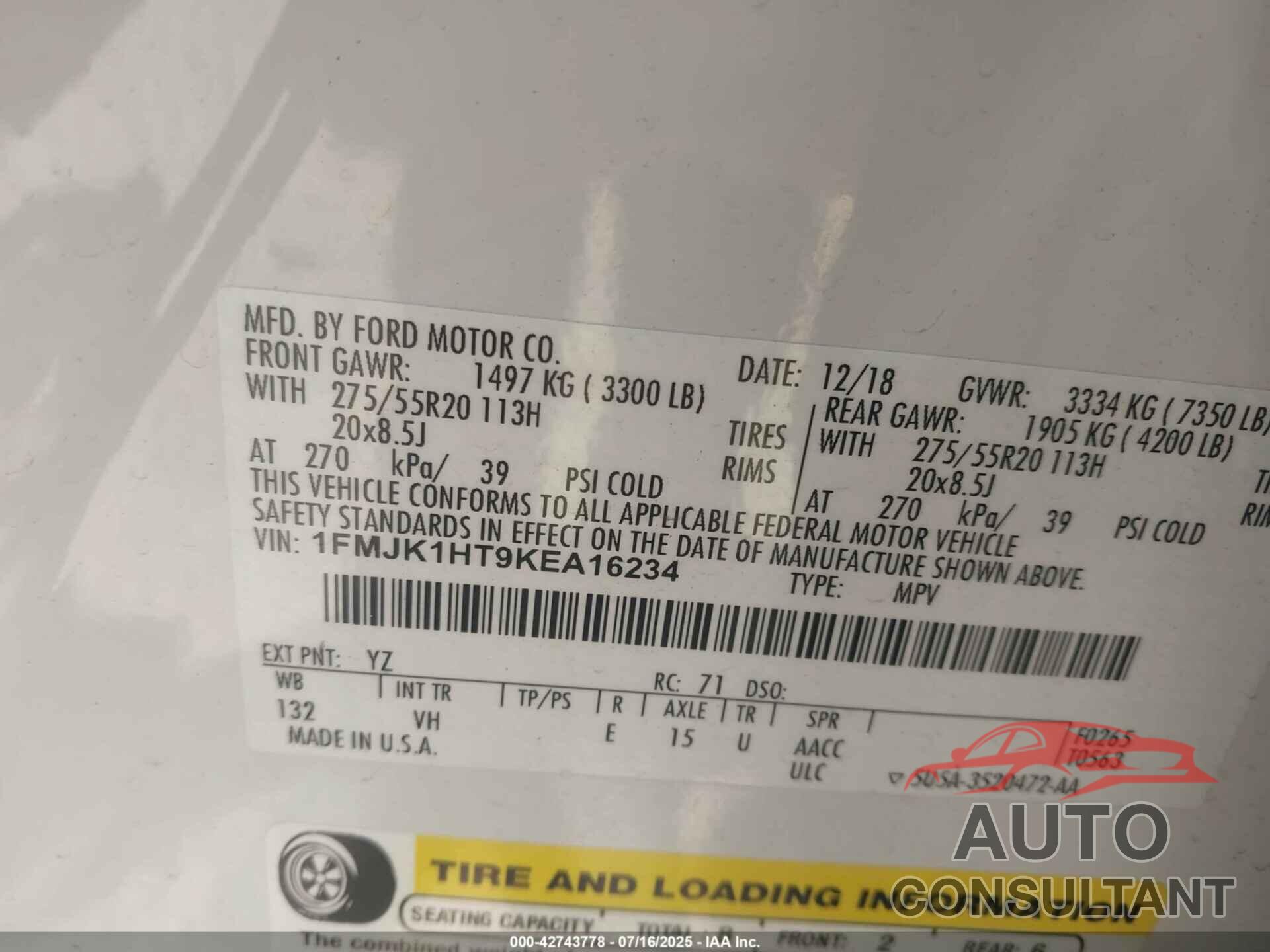FORD EXPEDITION MAX 2019 - 1FMJK1HT9KEA16234