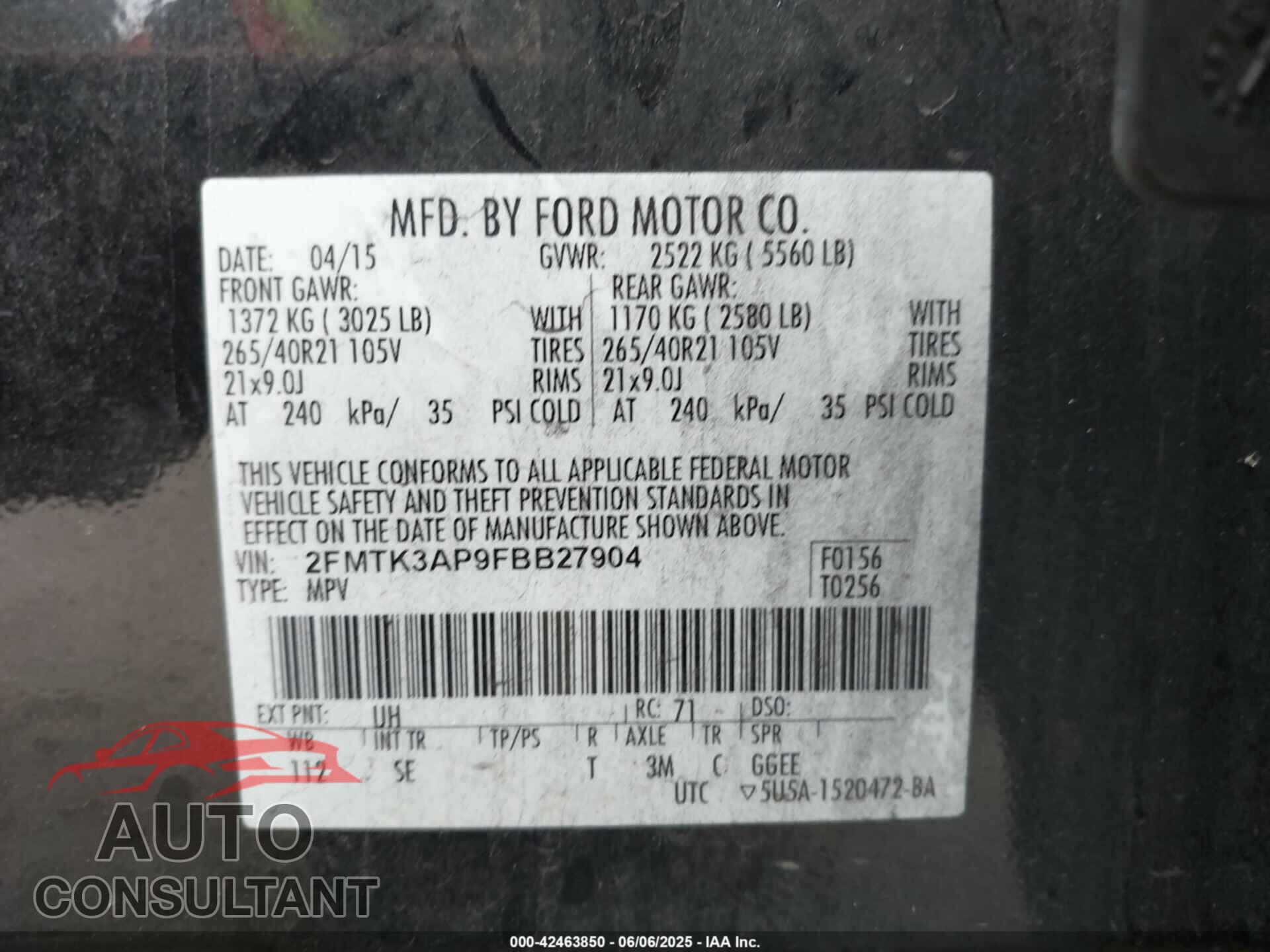 FORD EDGE 2015 - 2FMTK3AP9FBB27904