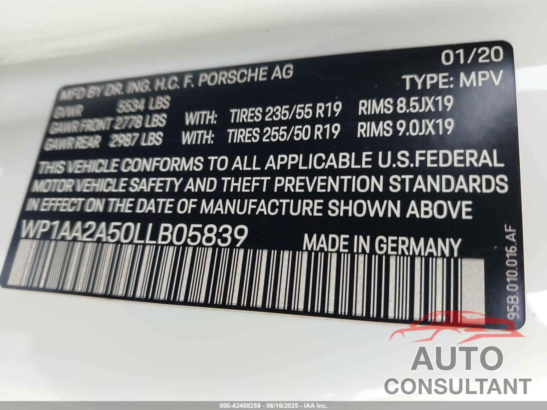 PORSCHE MACAN 2020 - WP1AA2A50LLB05839